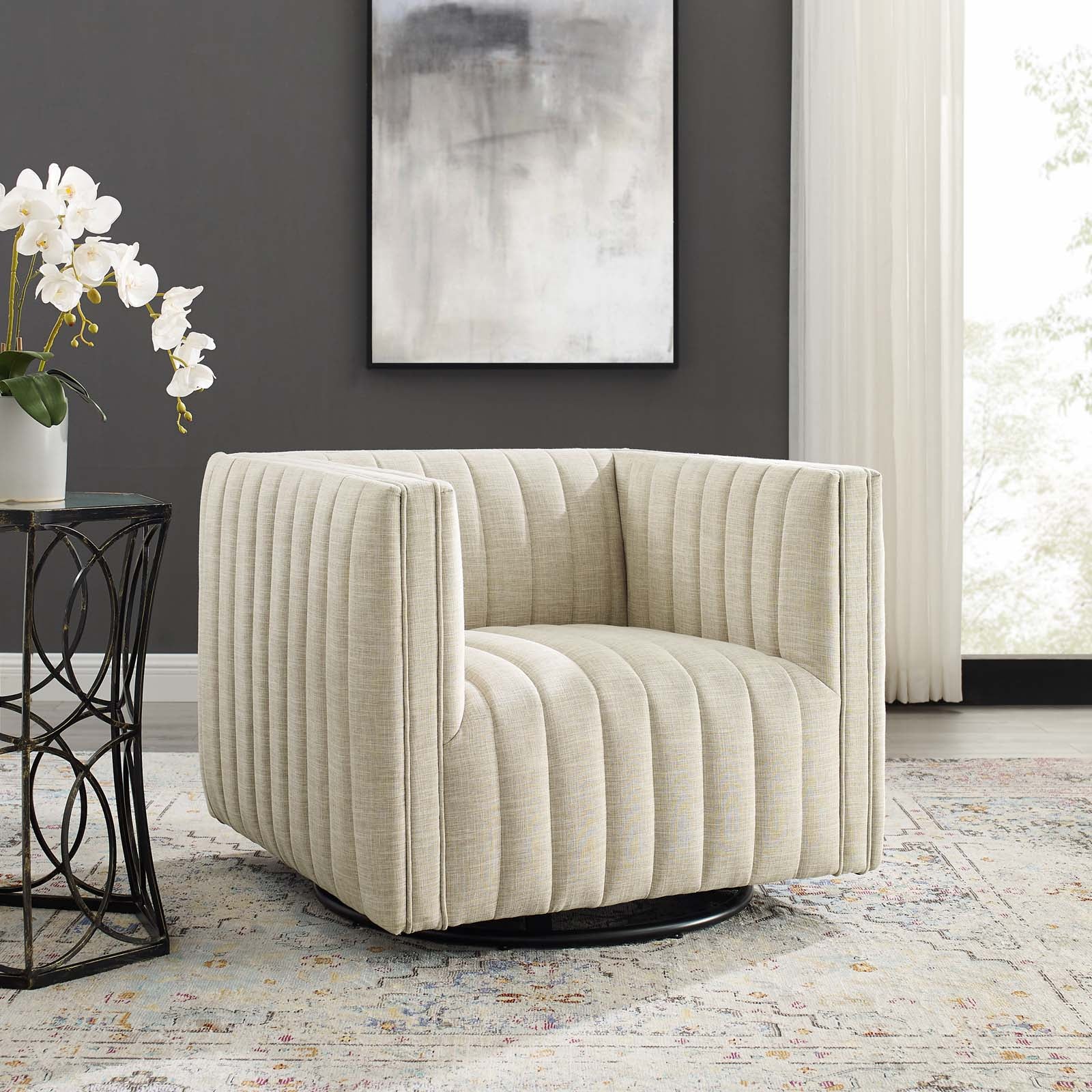 Modway Accent Chairs - Conjure Tufted Swivel Upholstered Armchair Beige