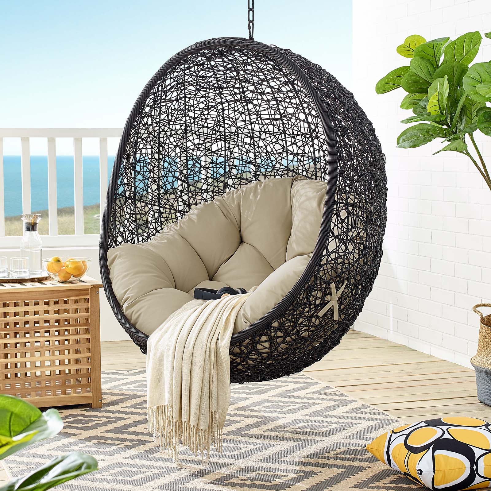 Modway Outdoor Swings - Encase Sunbrella Swing Outdoor Patio Lounge Chair Black Beige