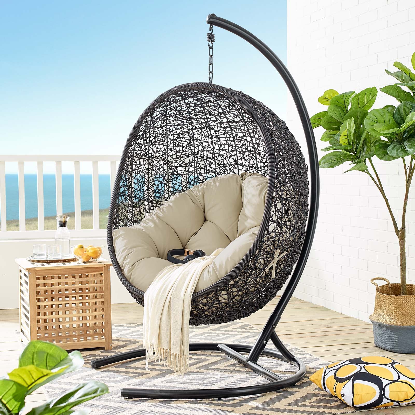 Modway Outdoor Swings - Encase Sunbrella Swing Outdoor Patio Lounge Chair Black Beige