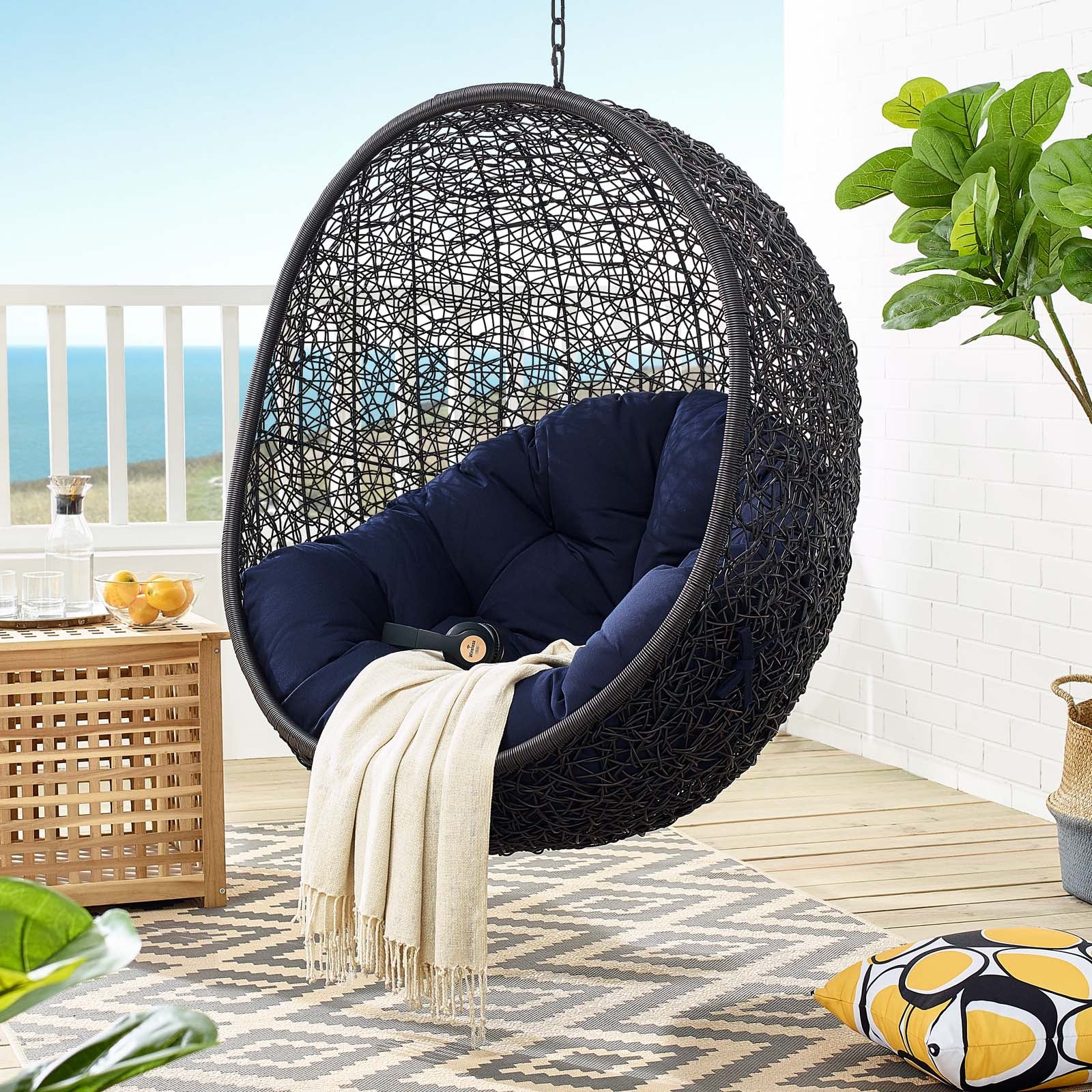 Modway Outdoor Swings - Encase Sunbrella Swing Outdoor Patio Lounge Chair Black Navy