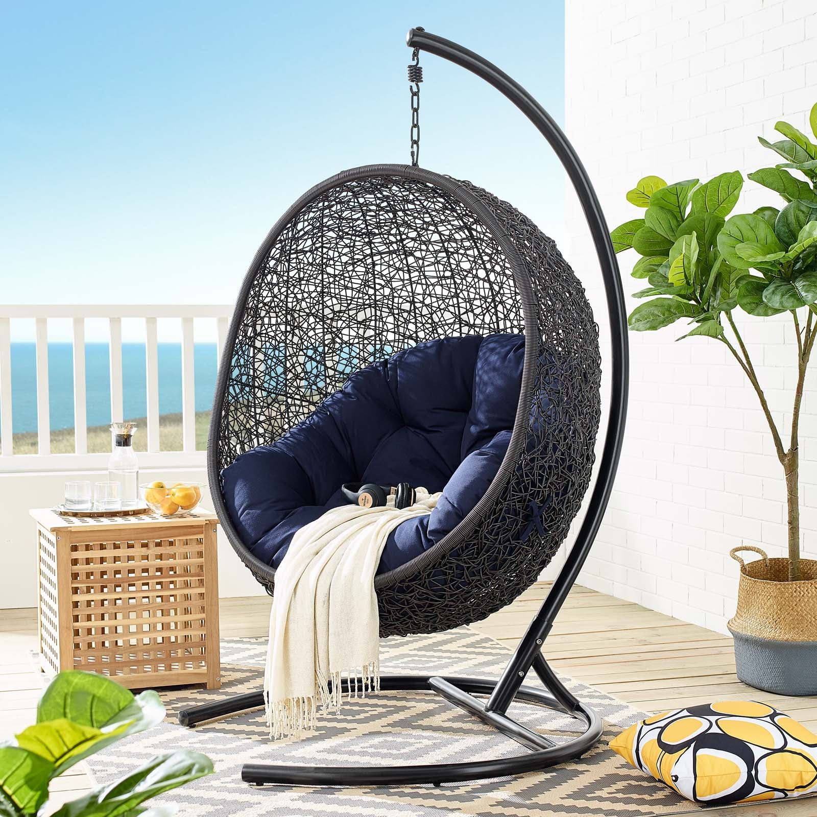 Modway Outdoor Swings - Encase Sunbrella Swing Outdoor Patio Lounge Chair Black Navy