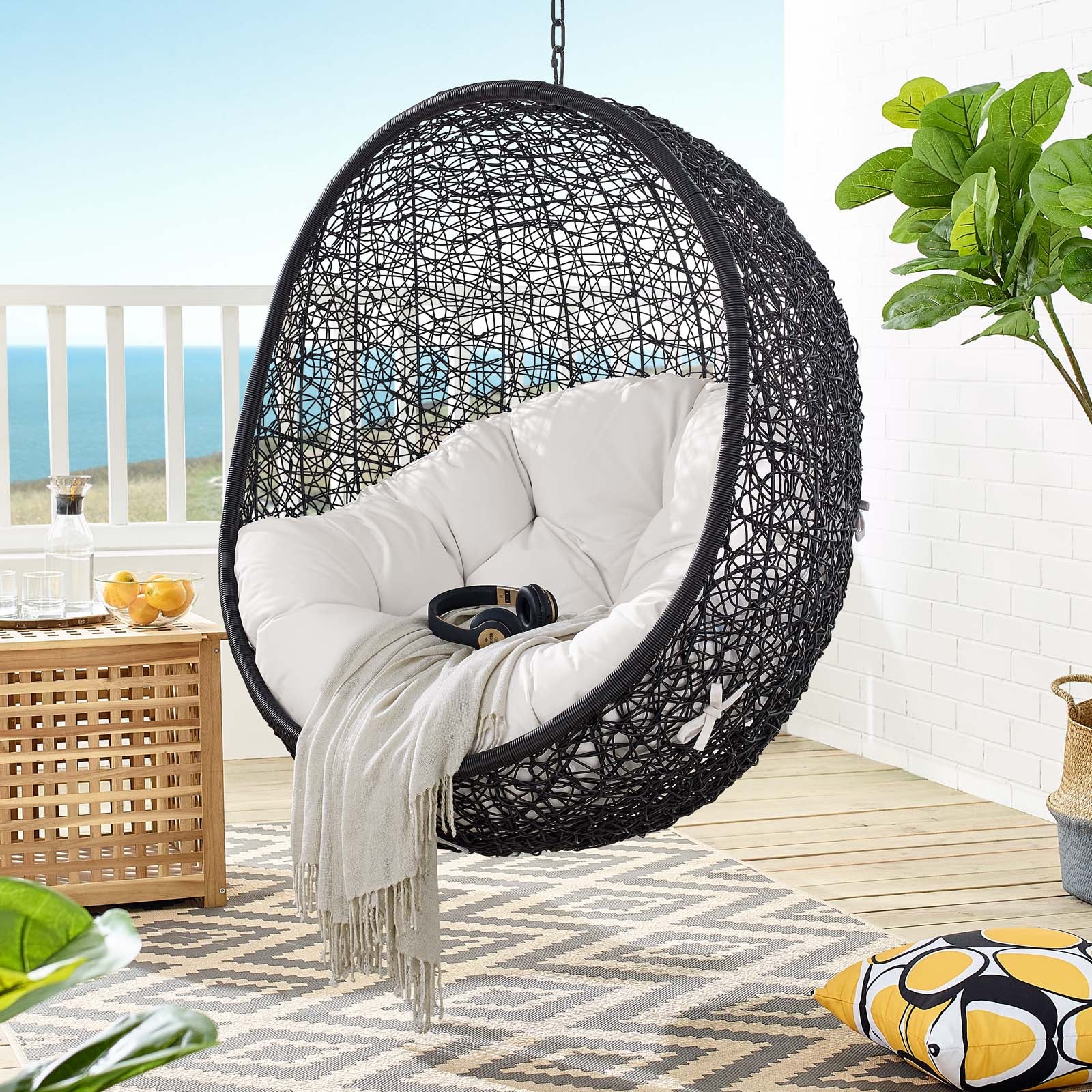 Modway Outdoor Swings - Encase Sunbrella Swing Outdoor Patio Lounge Chair Black White