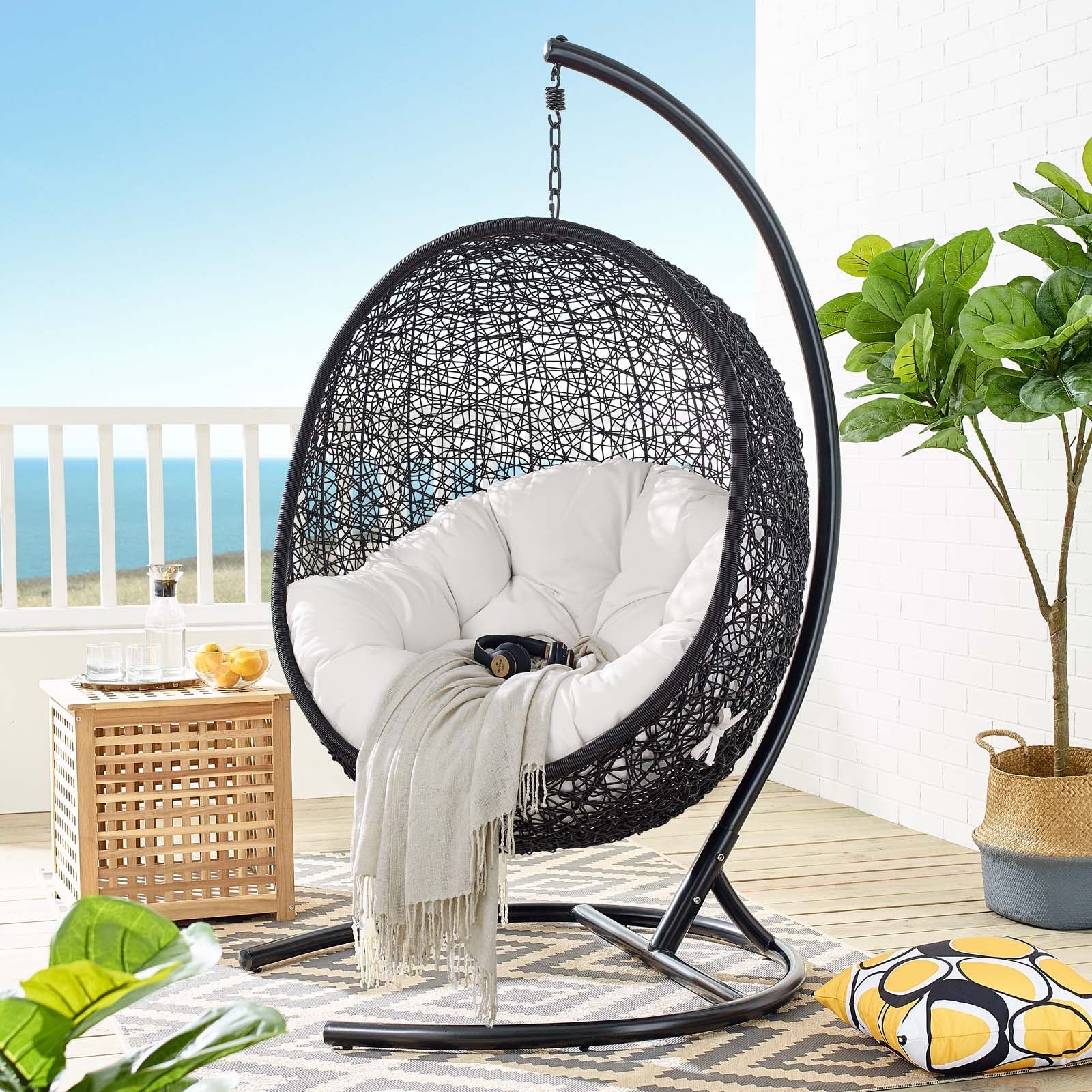 Modway Outdoor Swings - Encase Sunbrella Swing Outdoor Patio Lounge Chair Black White