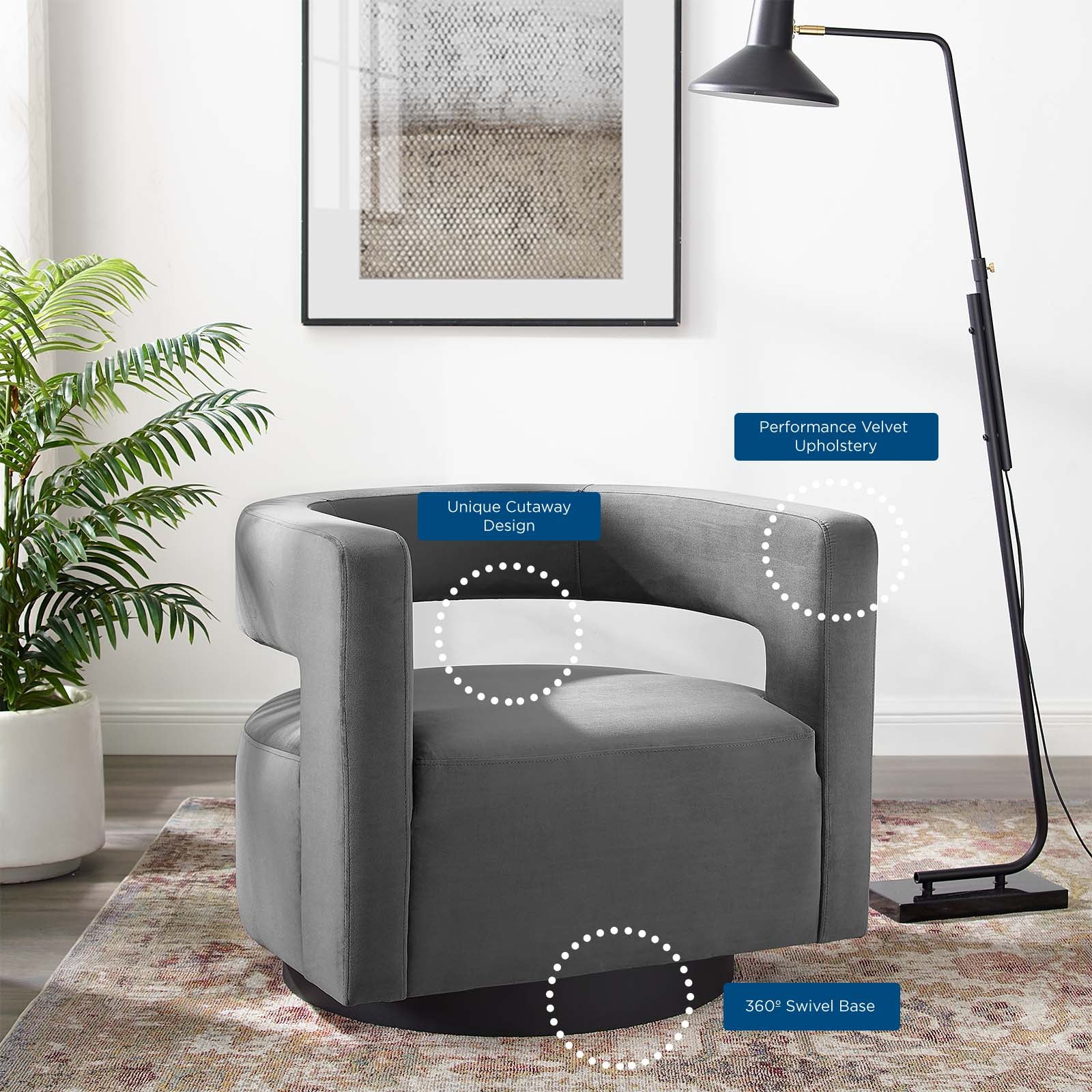 Modway Accent Chairs - Spin Cutaway Performance Velvet Swivel Armchair Gray