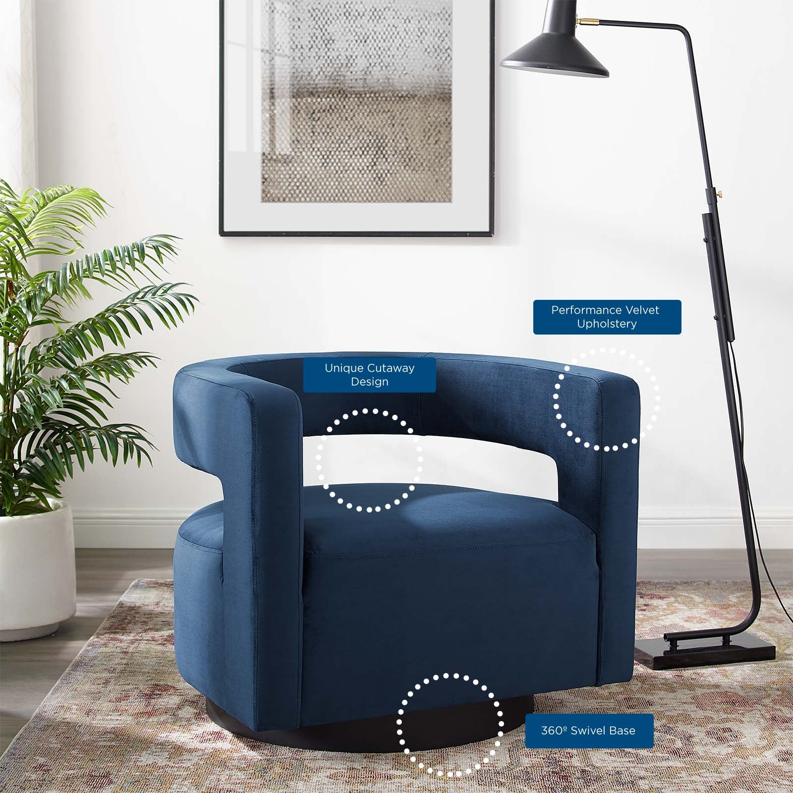 Modway Accent Chairs - Spin Cutaway Performance Velvet Swivel Armchair Midnight Blue