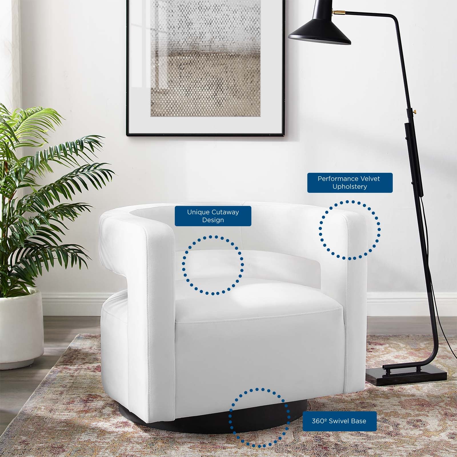 Modway Accent Chairs - Spin Cutaway Performance Velvet Swivel Armchair White