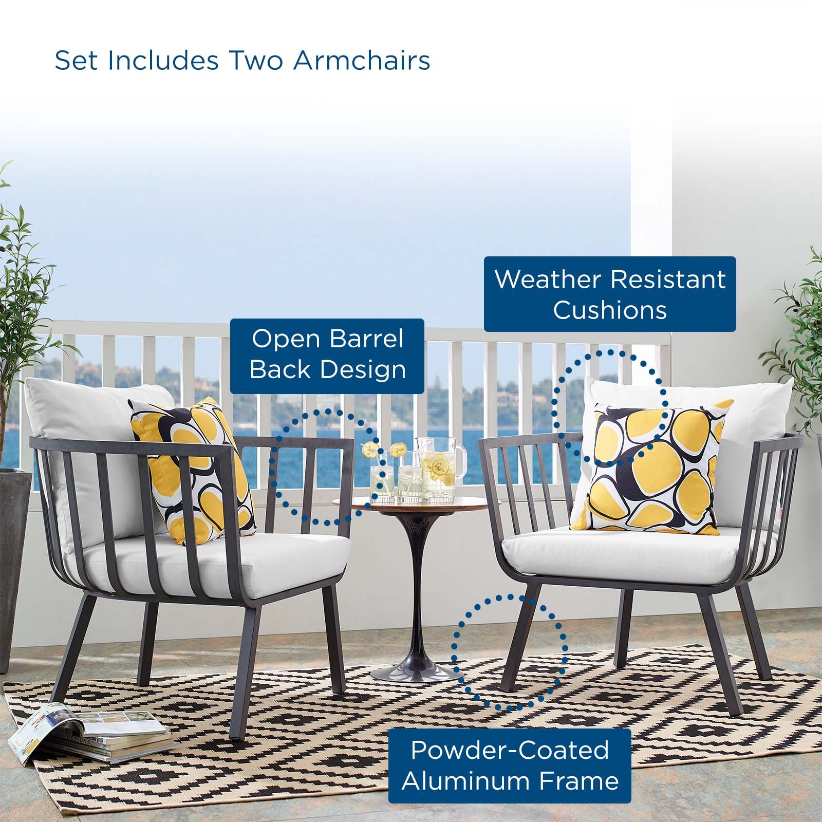 Modway Outdoor Chairs - Riverside Outdoor Patio Aluminum Armchair Set of 2 Gray White