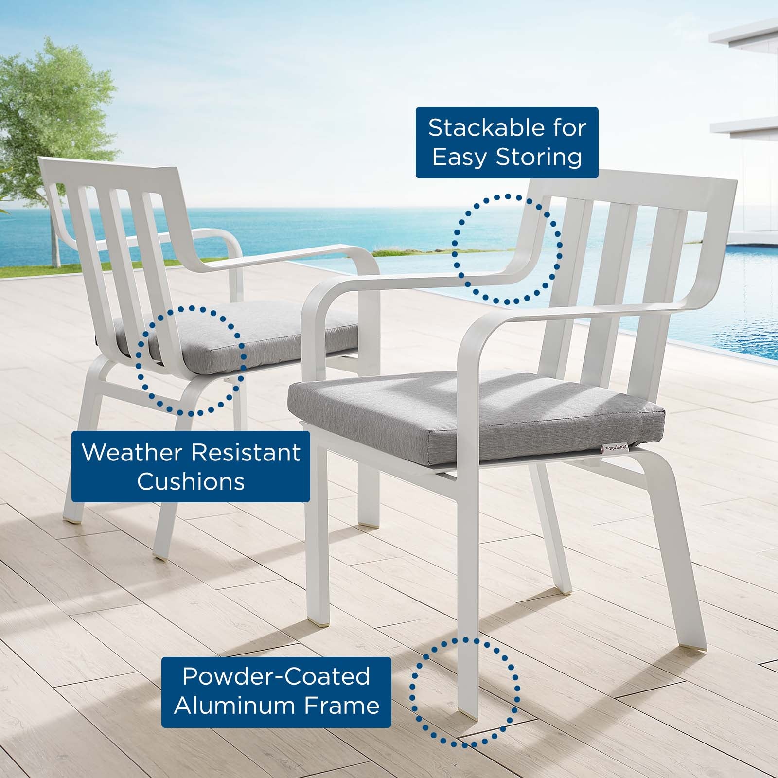 Modway Outdoor Chairs - Baxley Outdoor Patio Aluminum Armchair Set of 2 White Gray