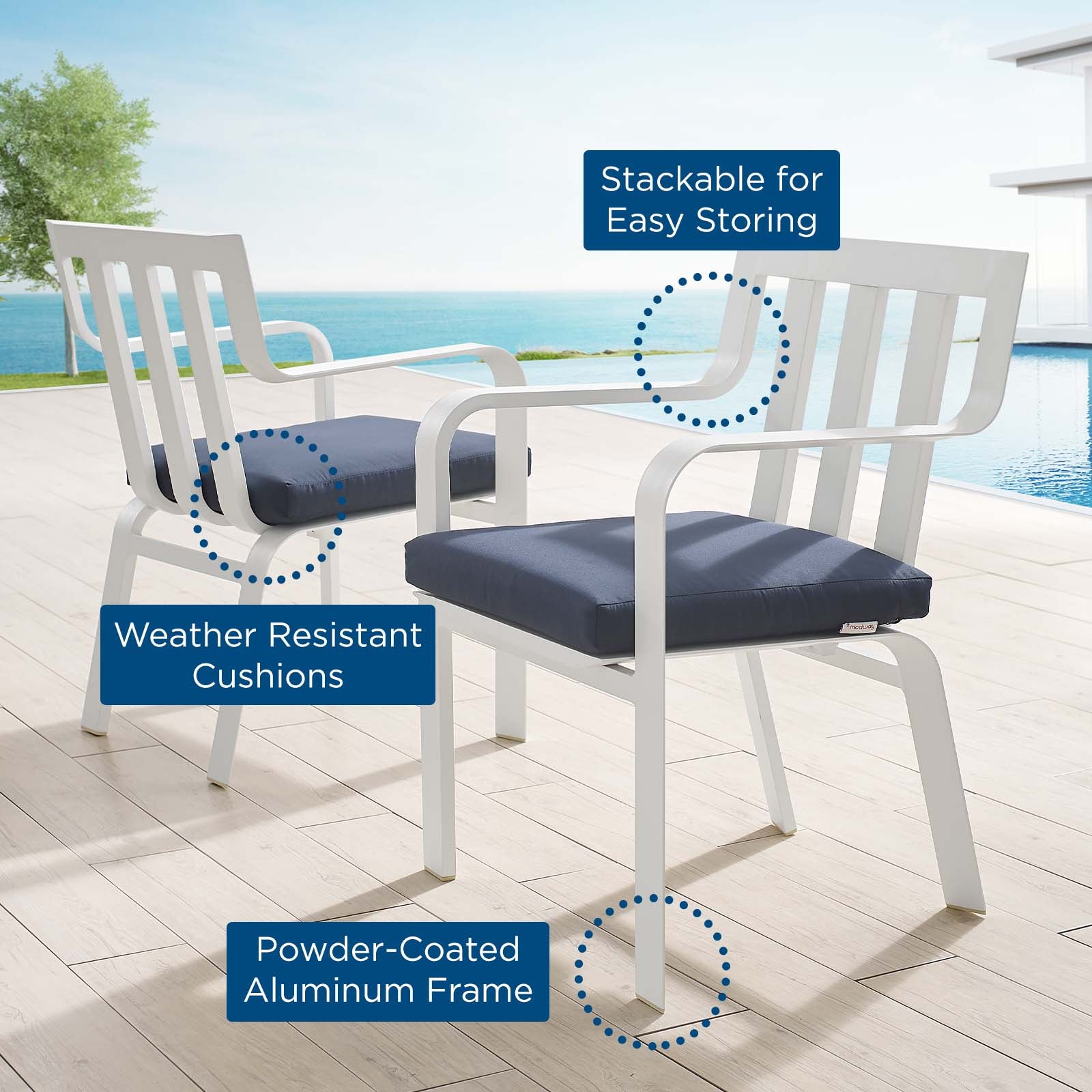 Modway Outdoor Conversation Sets - Baxley Outdoor Patio Aluminum Armchair Set of 2 White Navy