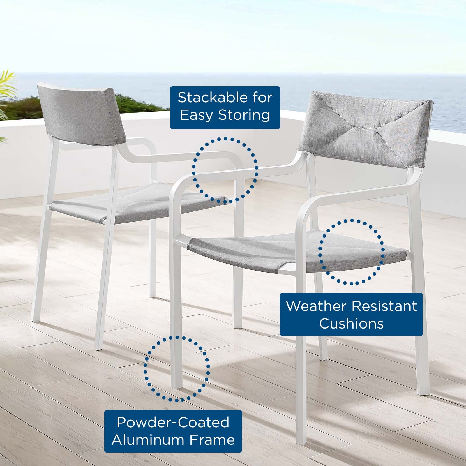 Modway Outdoor Chairs - Raleigh Outdoor Patio Aluminum Armchair Set of 2 White Gray