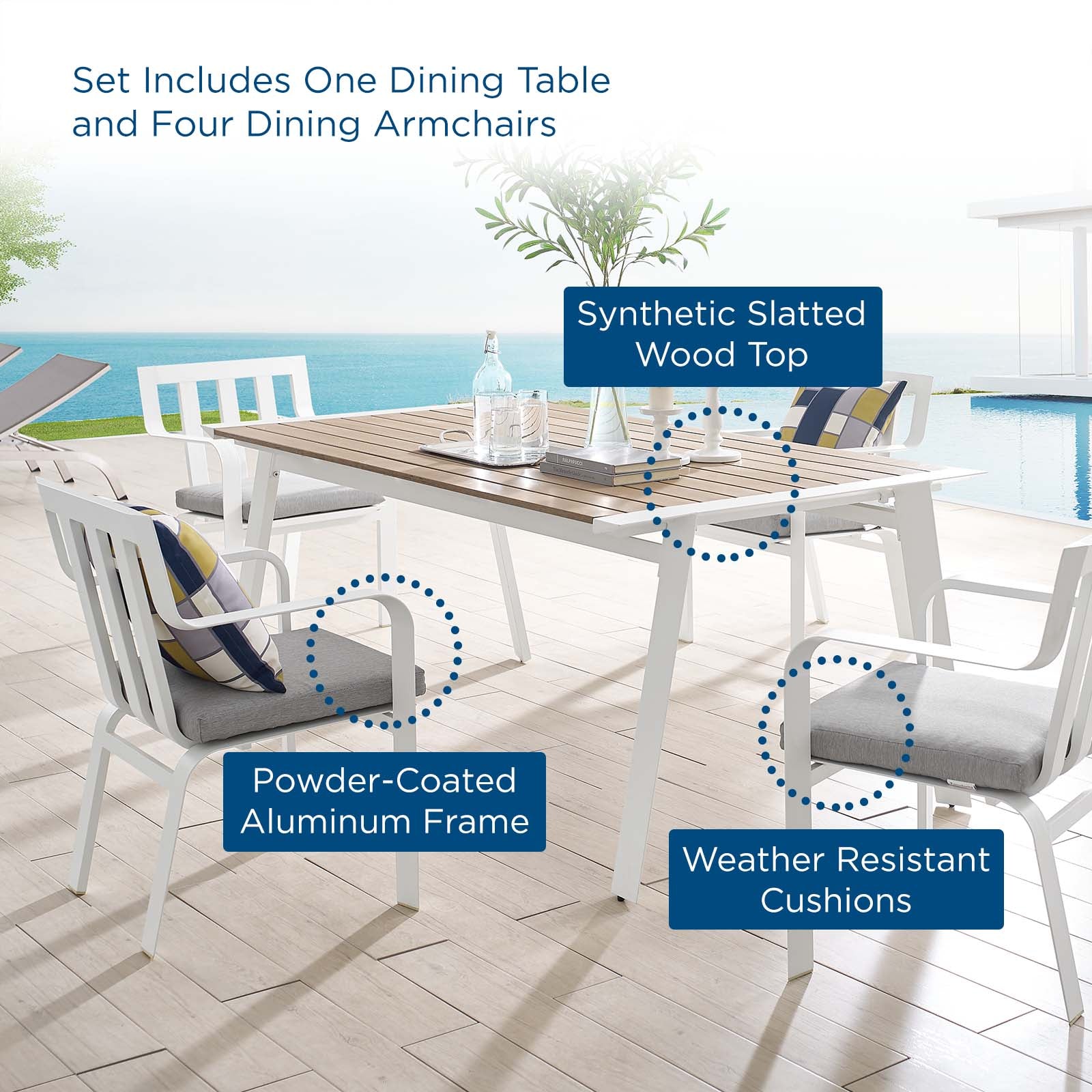 Modway Outdoor Dining Sets - Baxley 5 Piece Outdoor Patio Aluminum Dining Set White Gray