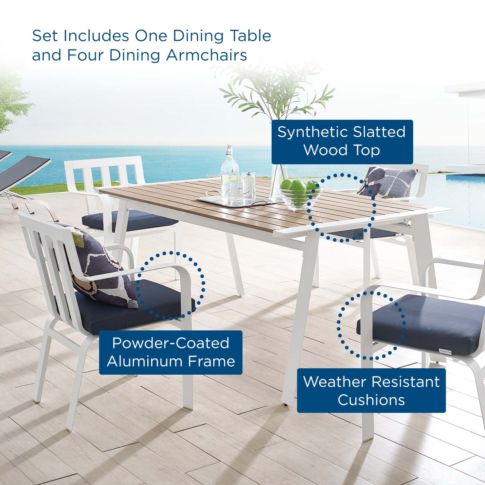 Modway Outdoor Dining Sets - Baxley 5 Piece Outdoor Patio Aluminum Dining Set White Navy