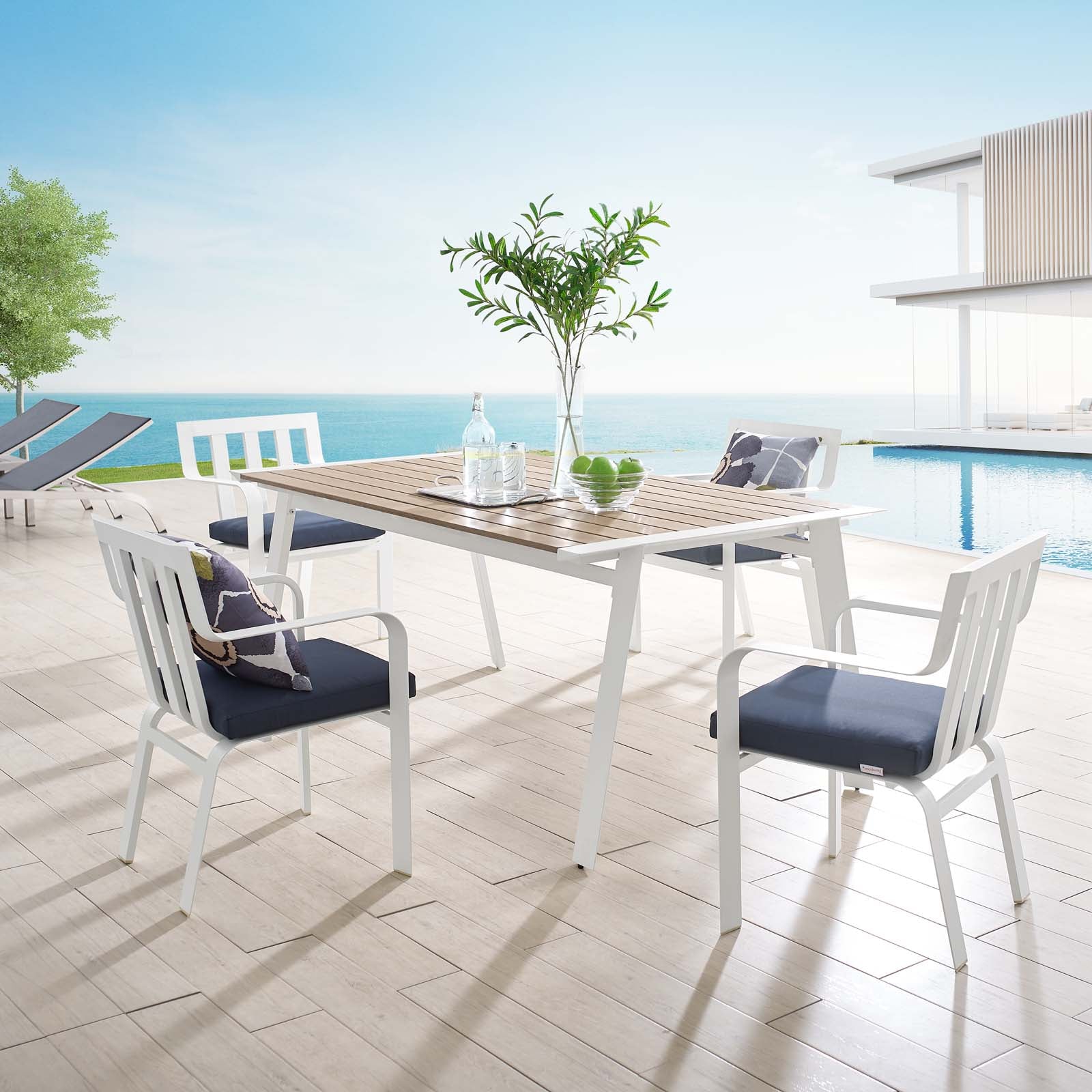 Modway Outdoor Dining Sets - Baxley 5 Piece Outdoor Patio Aluminum Dining Set White Navy