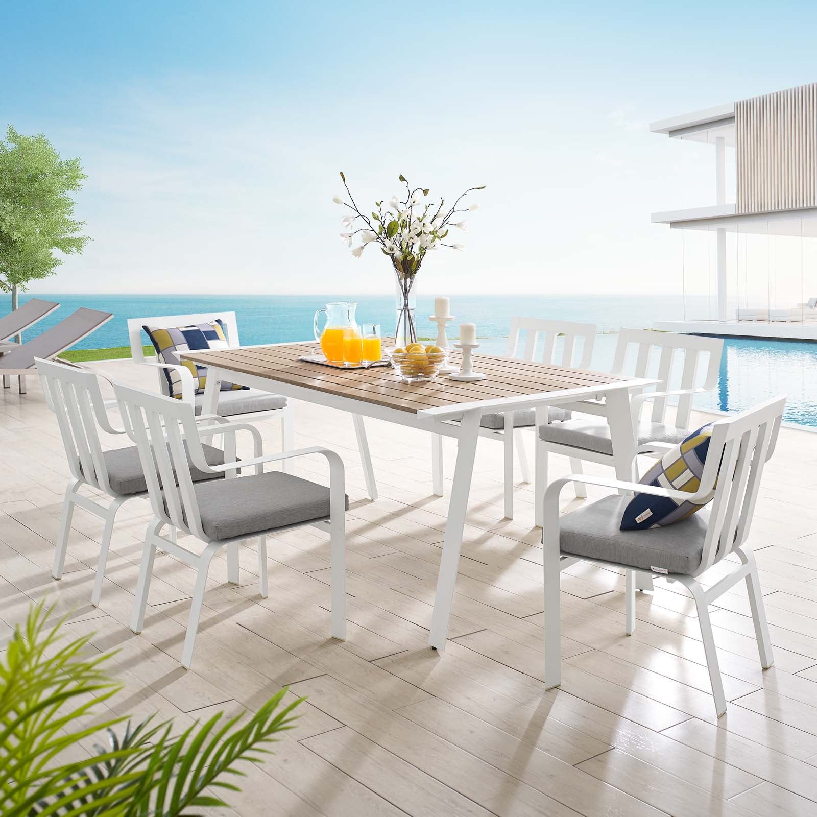 Modway Outdoor Dining Sets - Baxley 7 Piece Outdoor Patio Aluminum Dining Set White Gray
