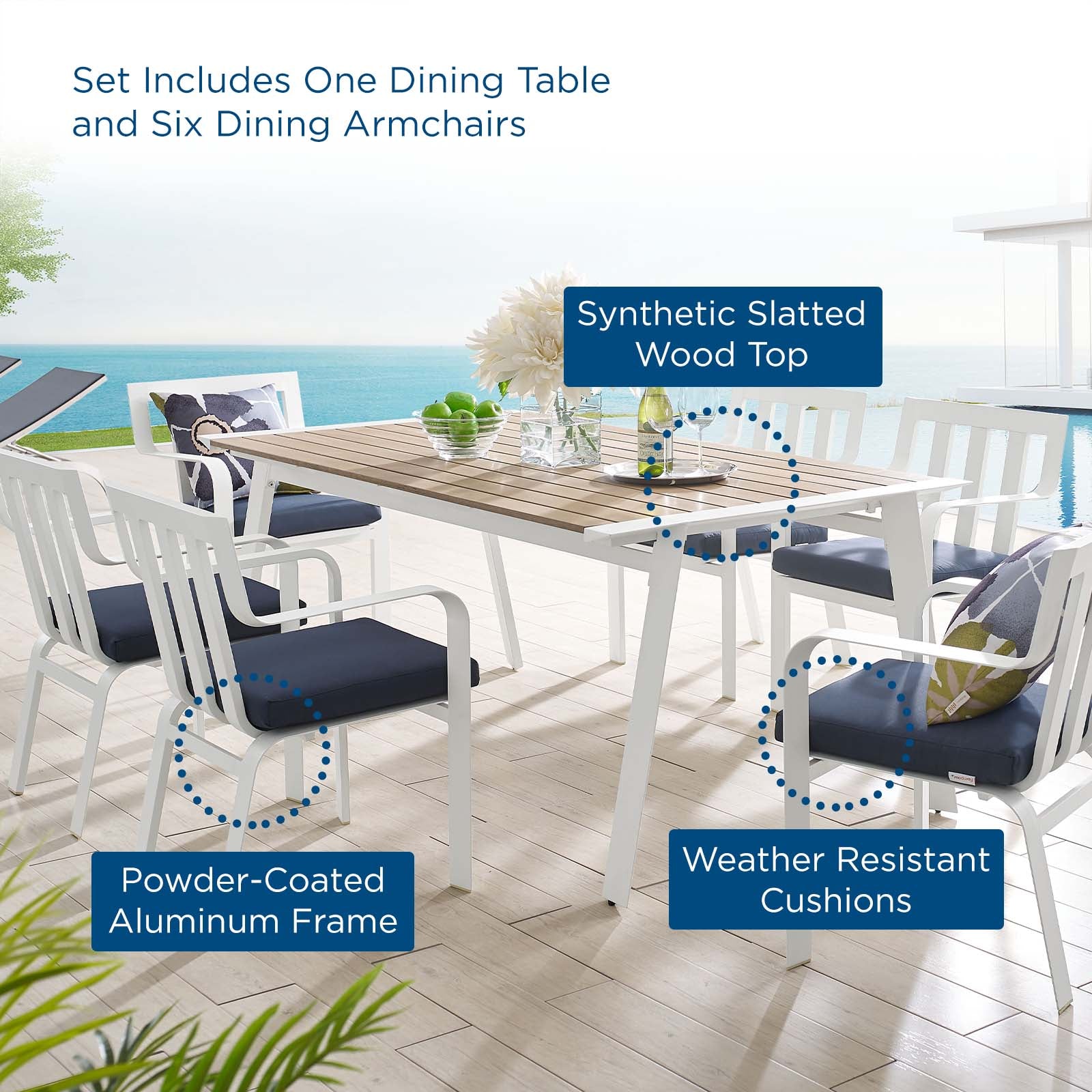 Modway Outdoor Dining Sets - Baxley 7 Piece Outdoor Patio Aluminum Dining Set White Navy