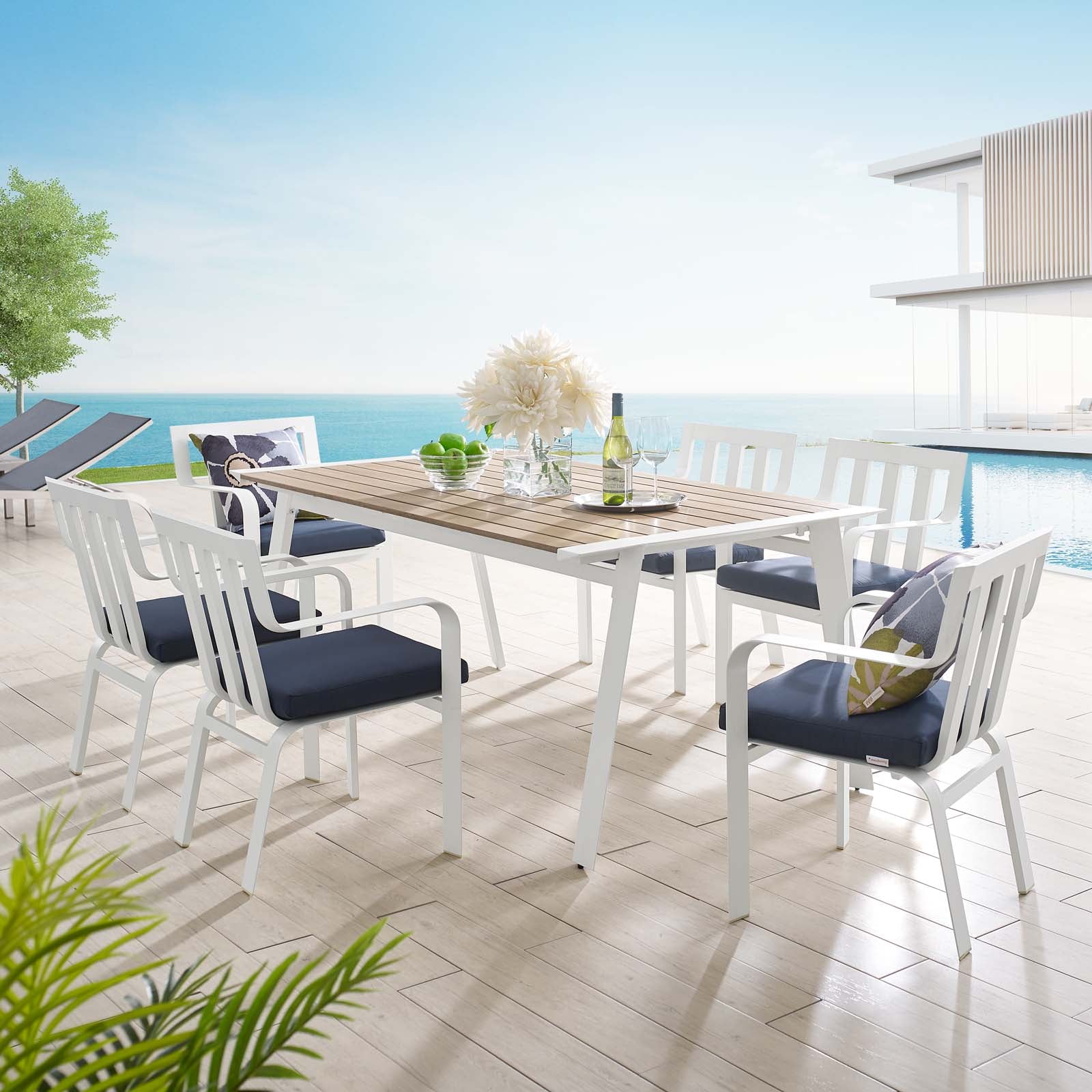 Modway Outdoor Dining Sets - Baxley 7 Piece Outdoor Patio Aluminum Dining Set White Navy