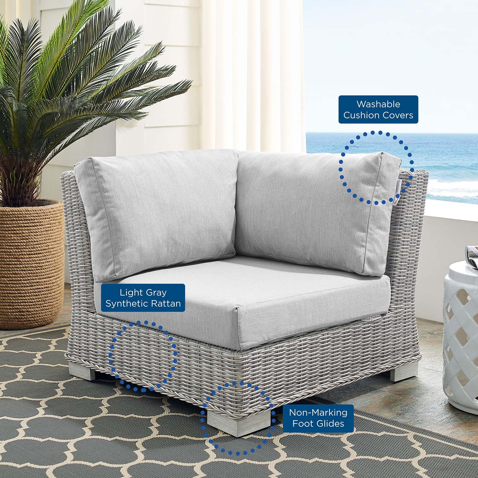 Modway Outdoor Chairs - Conway Sunbrella Outdoor Patio Wicker Rattan Corner Chair Light Gray