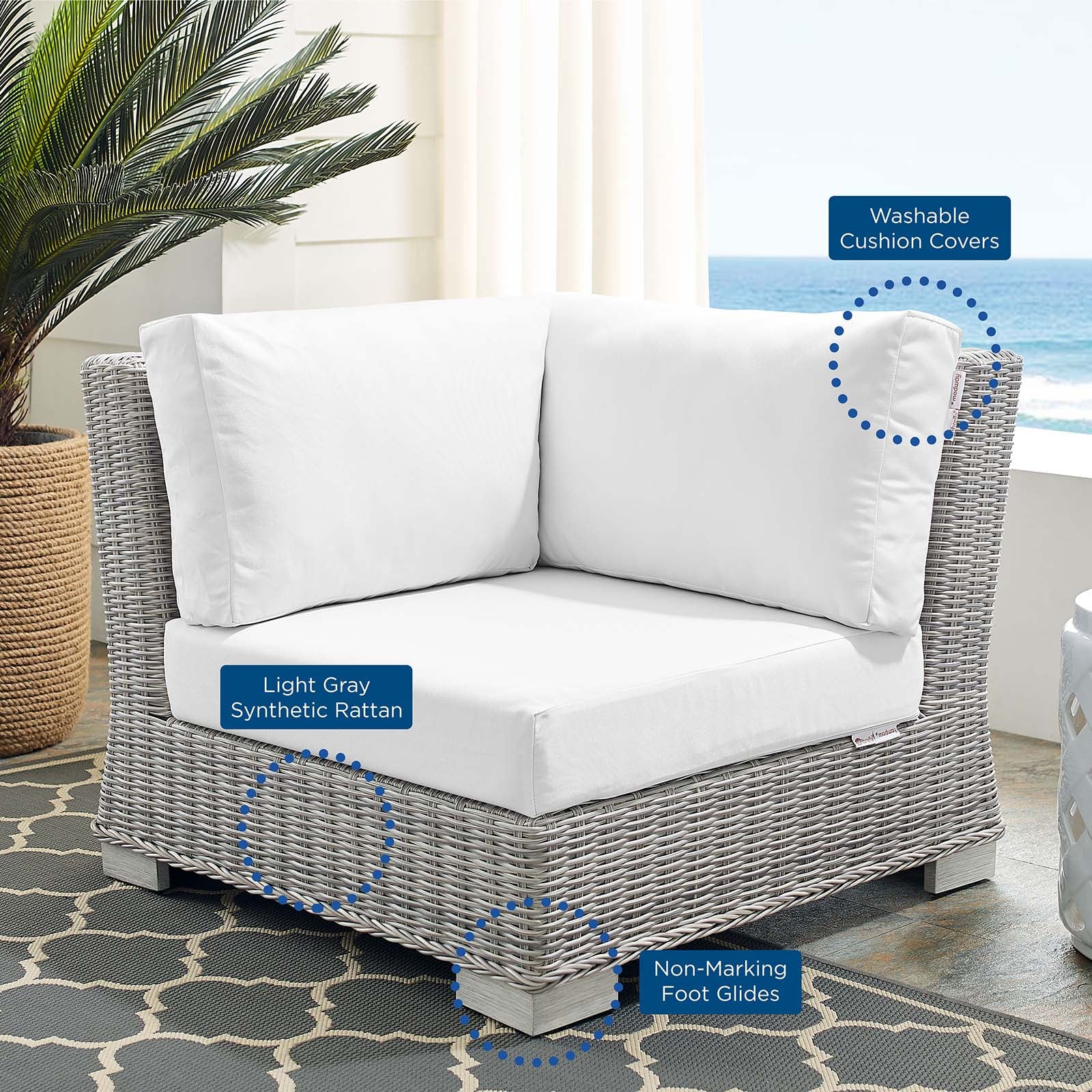 Modway Outdoor Chairs - Conway Sunbrella Outdoor Patio Wicker Rattan Corner Chair Light Gray White