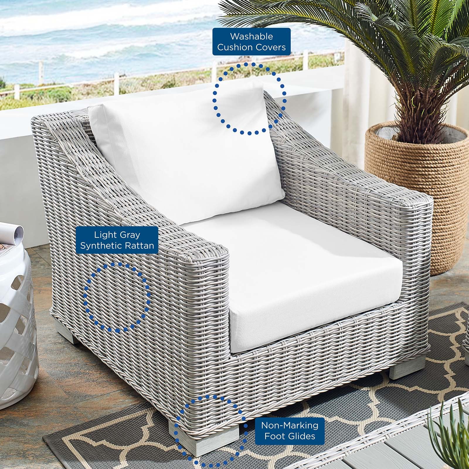 Modway Outdoor Chairs - Conway Sunbrella Outdoor Patio Wicker Rattan Armchair Light Gray White