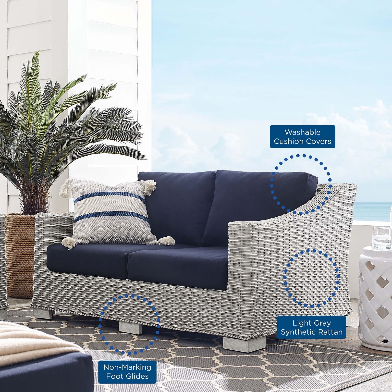 Modway Outdoor Sofas - Conway Sunbrella Outdoor Patio Wicker Rattan Loveseat Light Gray Navy