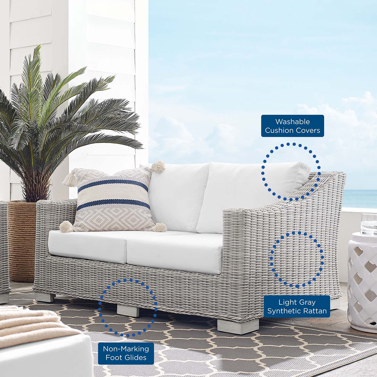 Modway Outdoor Sofas - Conway Sunbrella Outdoor Patio Wicker Rattan Loveseat Light Gray White