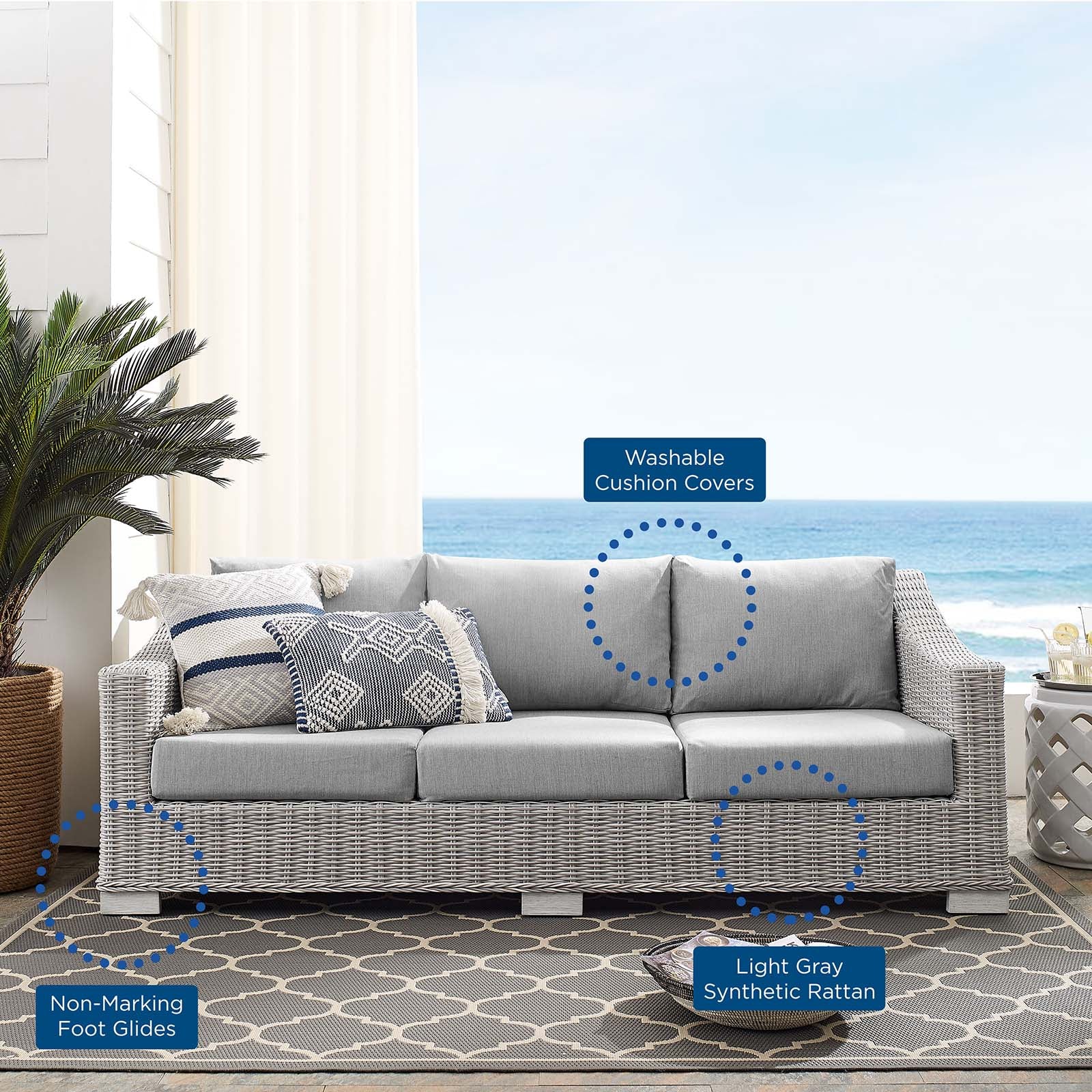 Modway Outdoor Sofas - Conway Sunbrella Outdoor Patio Wicker Rattan Sofa Light Gray