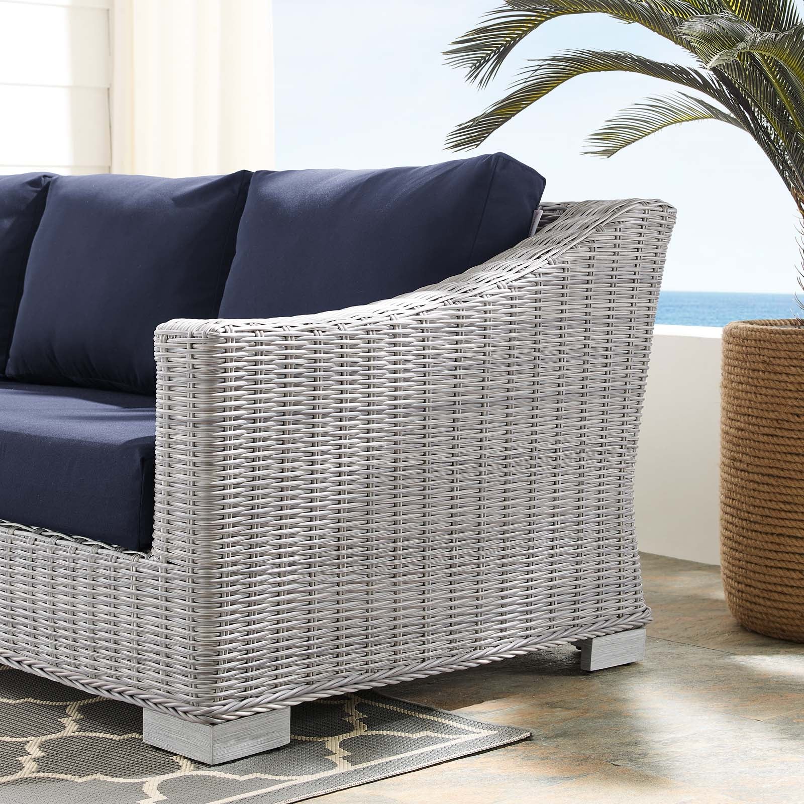 Modway Outdoor Sofas - Conway Sunbrella Outdoor Patio Wicker Rattan Sofa Light Gray Navy