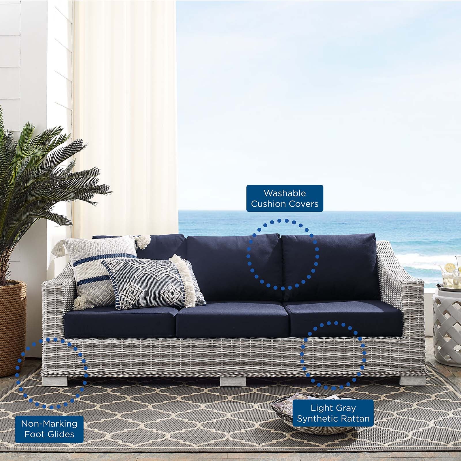 Modway Outdoor Sofas - Conway Sunbrella Outdoor Patio Wicker Rattan Sofa Light Gray Navy