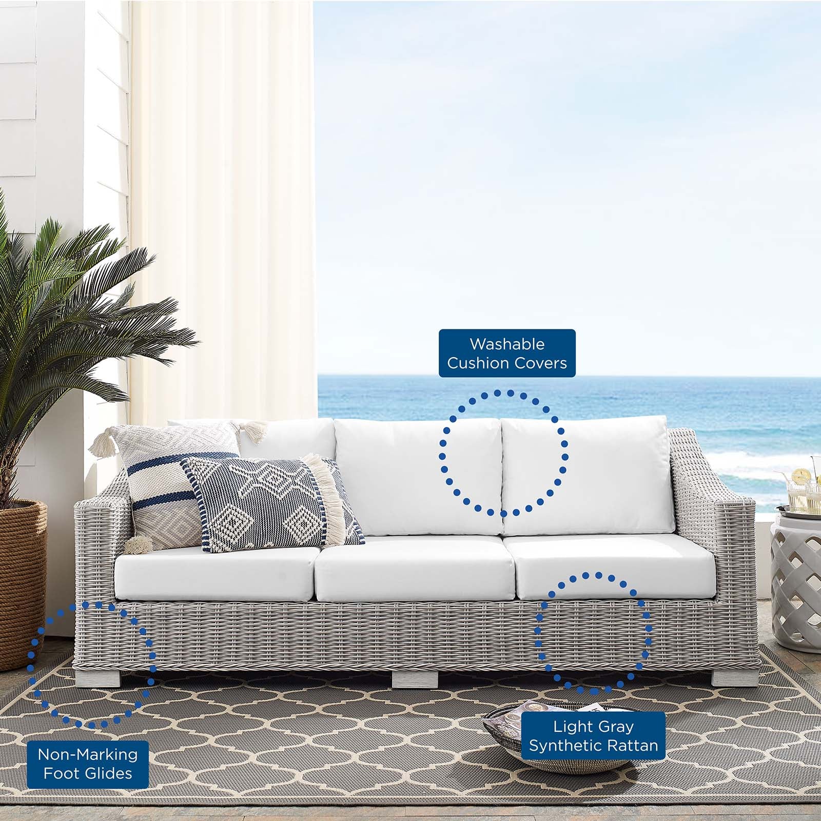 Modway Outdoor Sofas - Conway Sunbrella Outdoor Patio Wicker Rattan Sofa Light Gray White