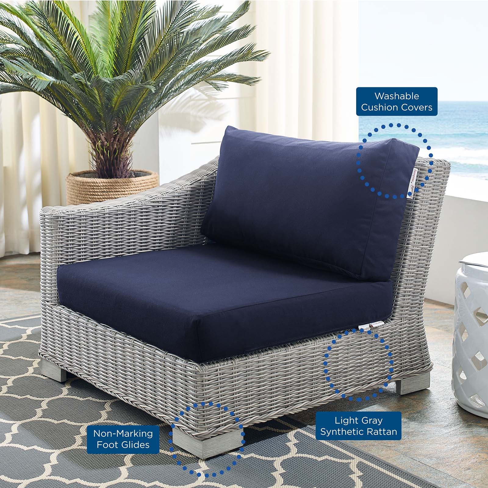 Modway Outdoor Chairs - Conway Sunbrella Outdoor Patio Wicker Rattan Left-Arm Chair Light Gray Navy