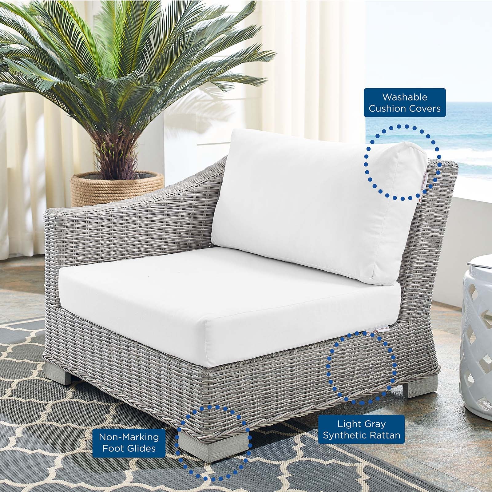 Modway Outdoor Chairs - Conway Sunbrella Outdoor Patio Wicker Rattan Left-Arm Chair Light Gray White