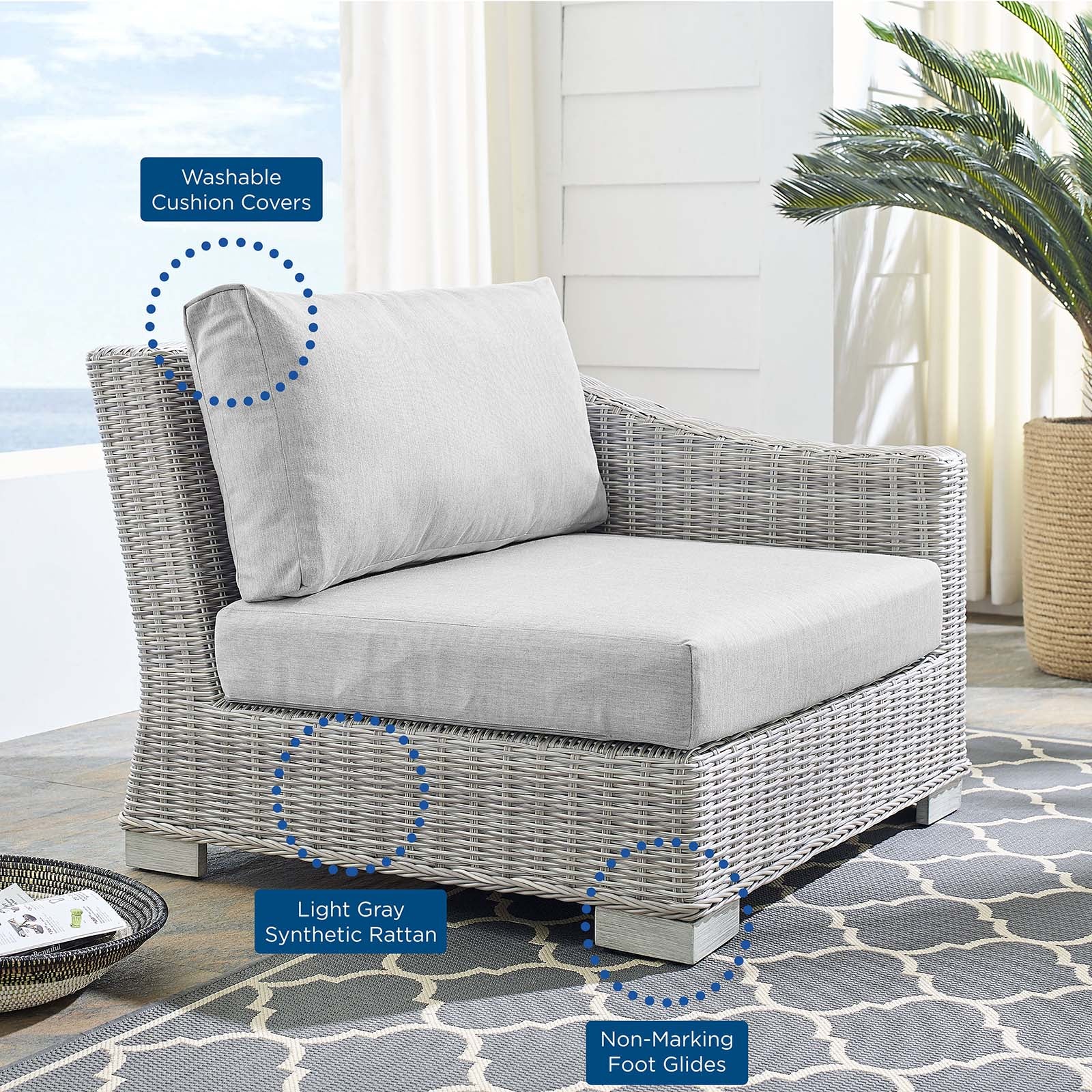 Modway Outdoor Chairs - Conway Sunbrella Outdoor Patio Wicker Rattan Right-Arm Chair Light Gray