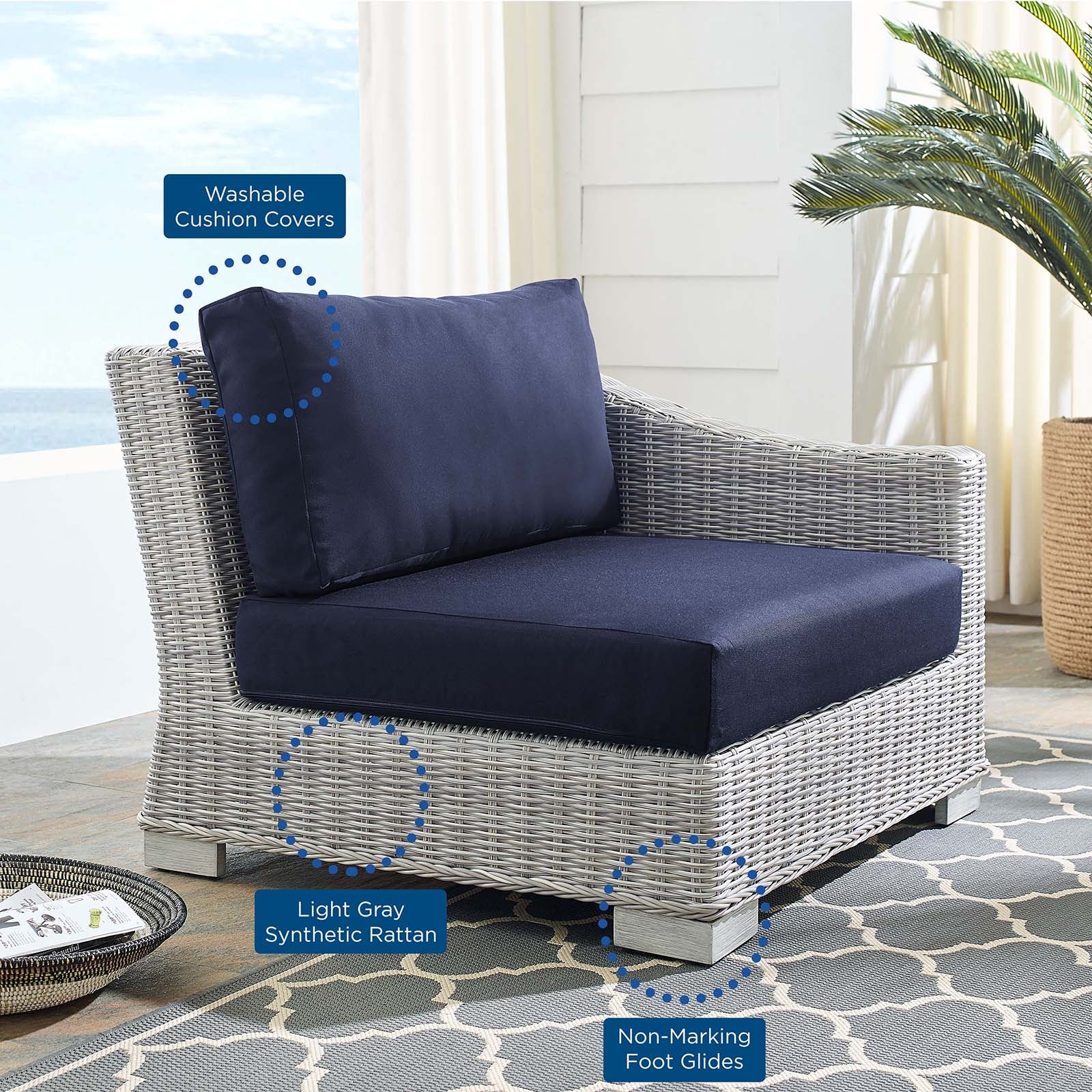Modway Outdoor Chairs - Conway Sunbrella Outdoor Patio Wicker Rattan Right-Arm Chair Light Gray Navy