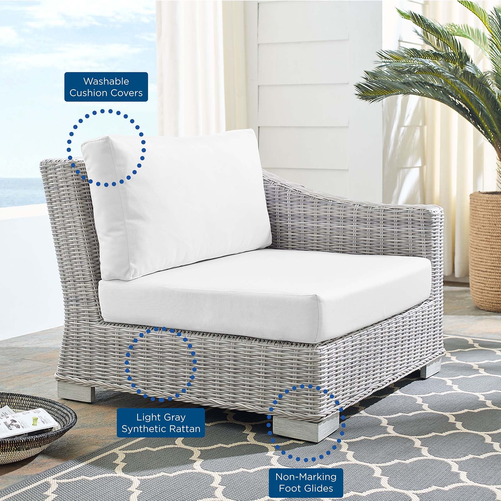 Modway Outdoor Chairs - Conway Sunbrella Outdoor Patio Wicker Rattan Right-Arm Chair Light Gray White