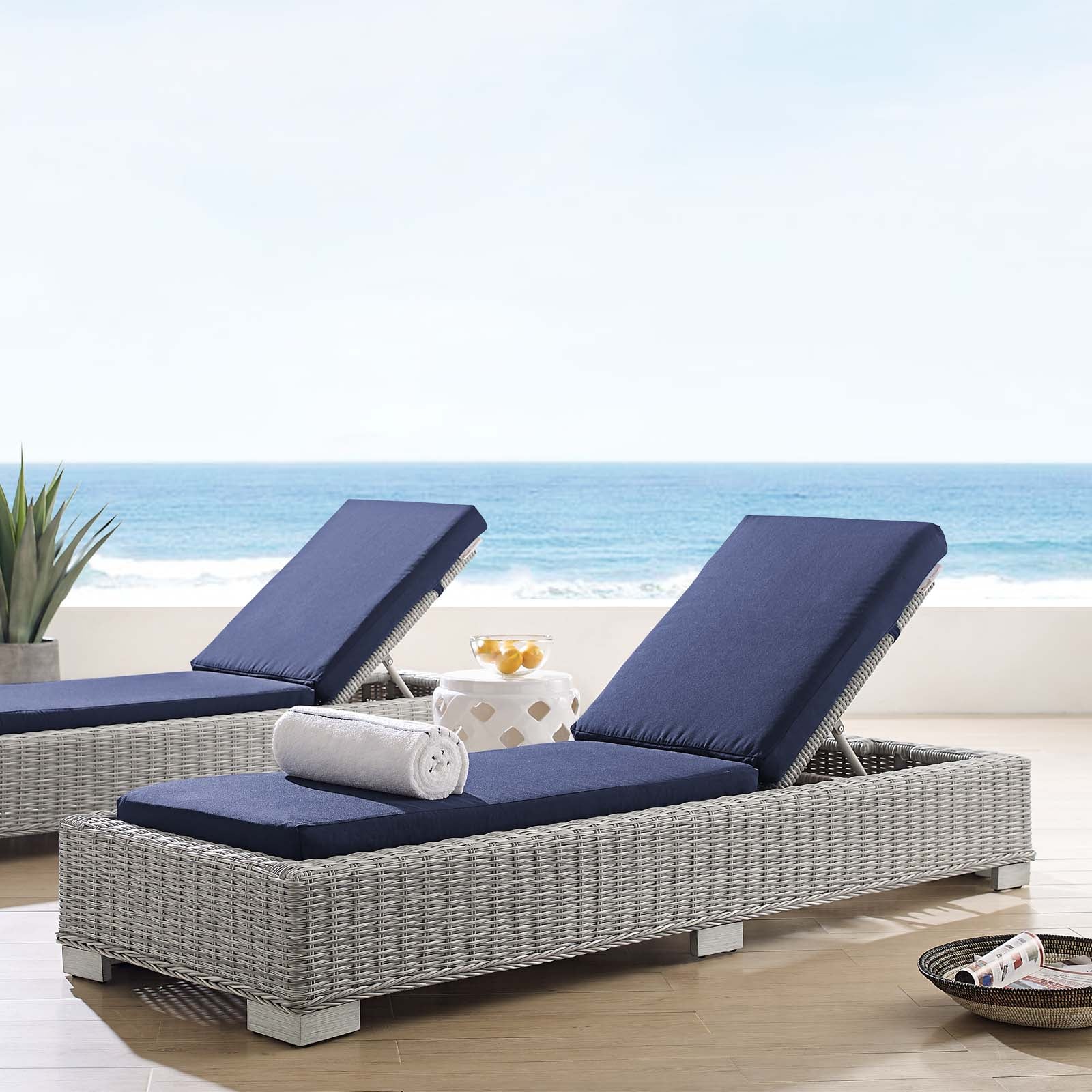 Modway Outdoor Loungers - Conway Sunbrella Outdoor Patio Wicker Rattan Chaise Lounge Light Gray Navy