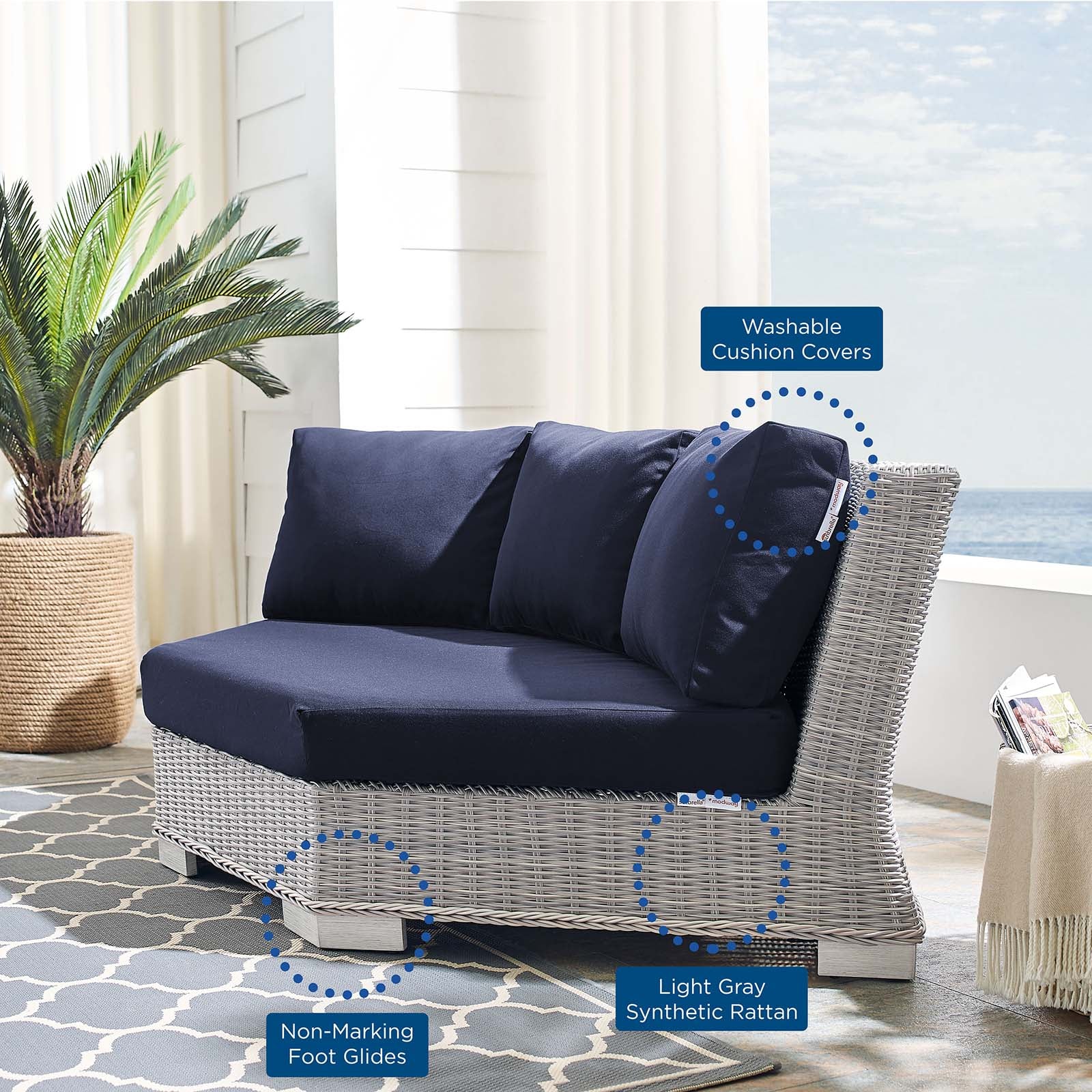 Modway Outdoor Chairs - Conway Sunbrella Outdoor Patio Wicker Rattan Round Corner Chair Light Gray Navy