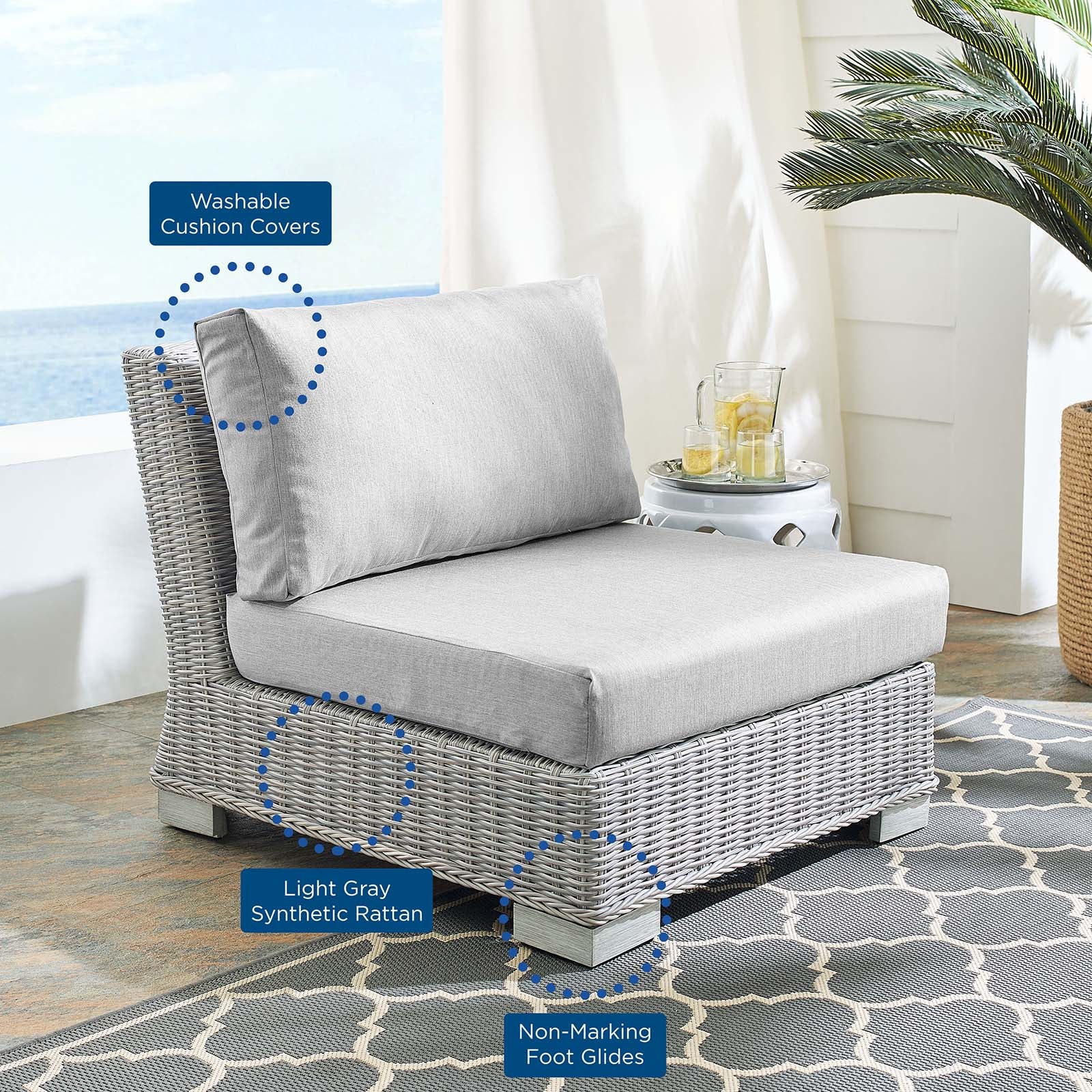 Modway Outdoor Chairs - Conway Sunbrella Outdoor Patio Wicker Rattan Armless Chair Light Gray
