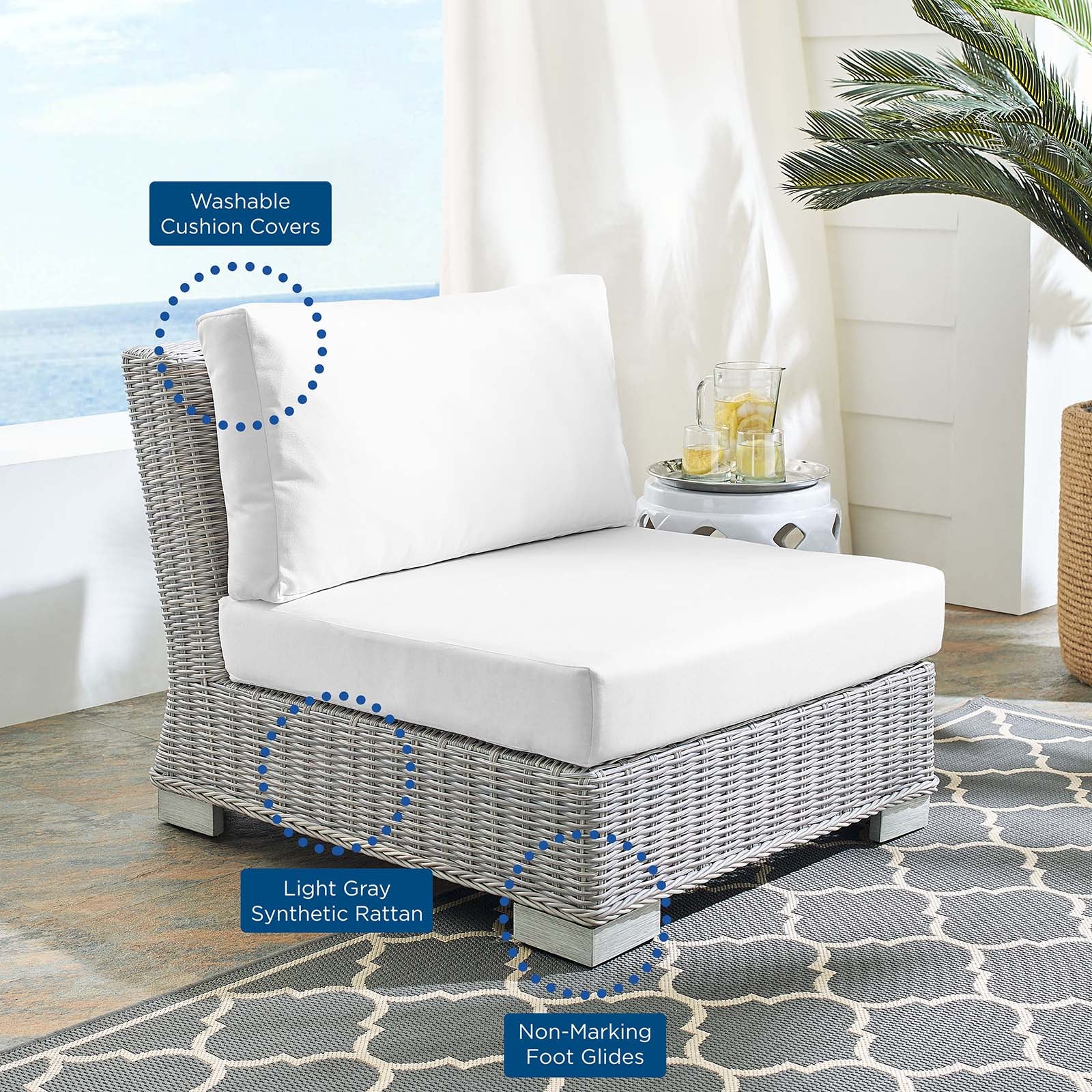 Modway Outdoor Chairs - Conway Sunbrella Outdoor Patio Wicker Rattan Armless Chair Light Gray White