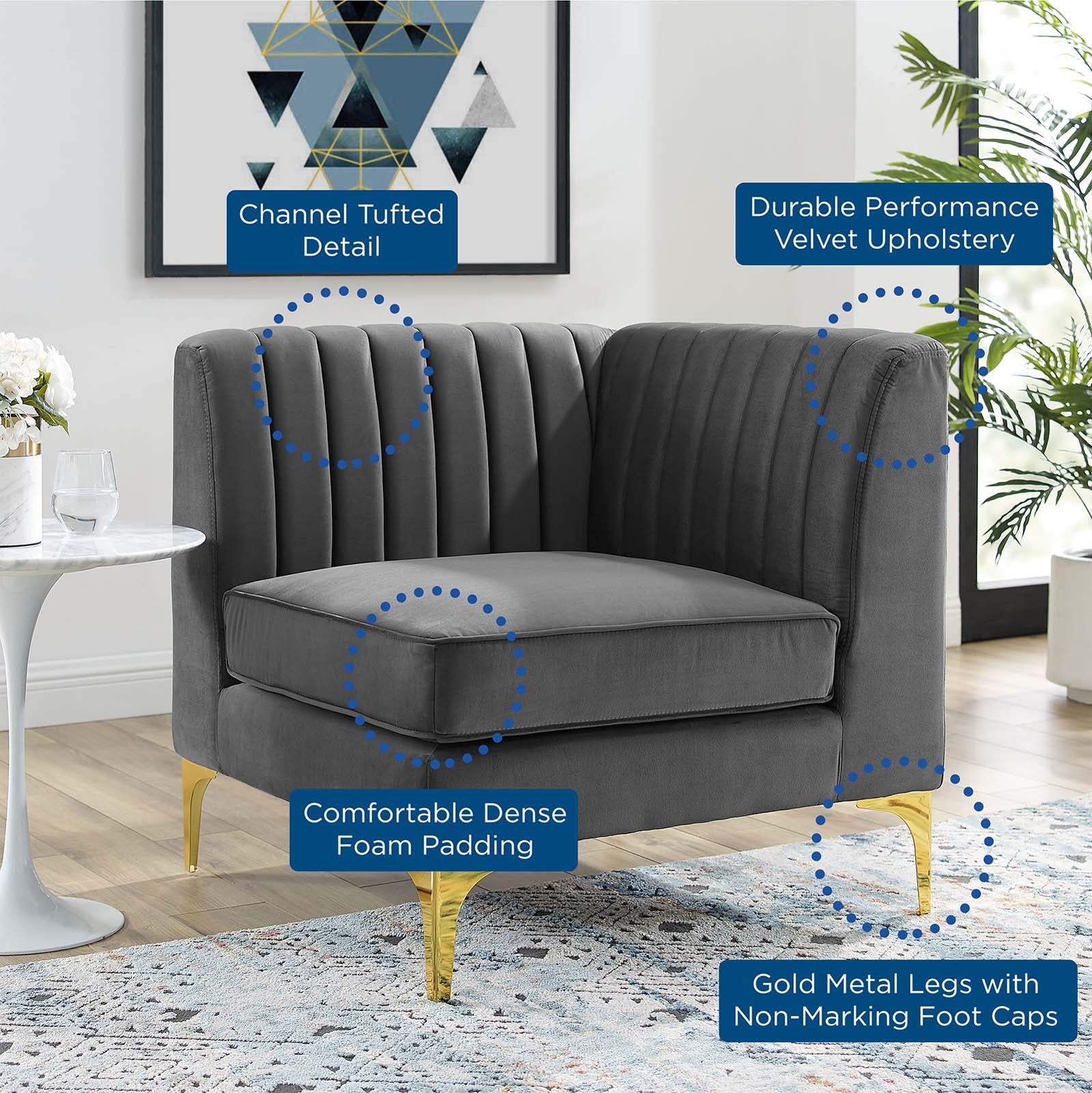 Modway Accent Chairs - Triumph Channel Tufted Performance Velvet Sectional Sofa Corner Chair Gray