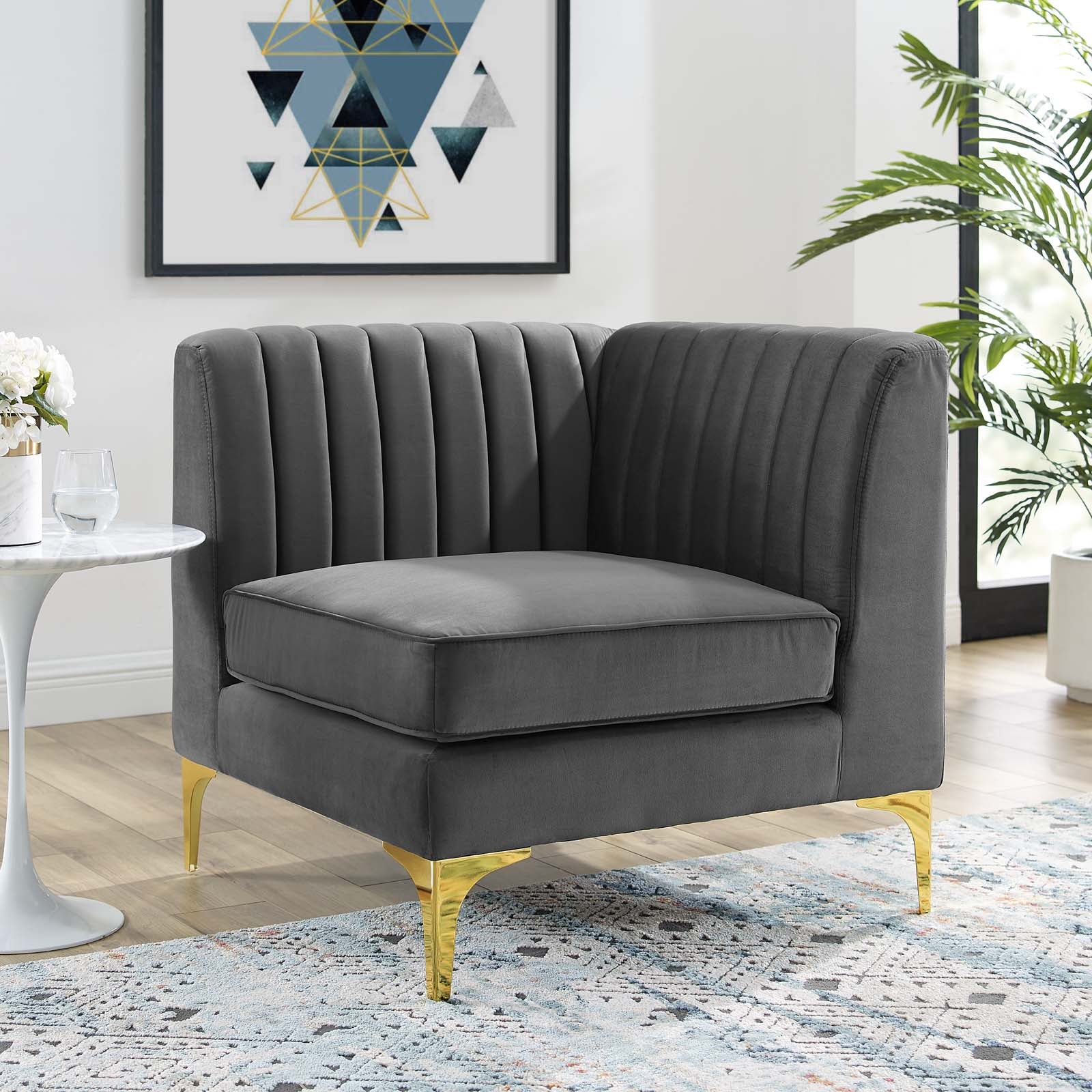 Modway Accent Chairs - Triumph Channel Tufted Performance Velvet Sectional Sofa Corner Chair Gray