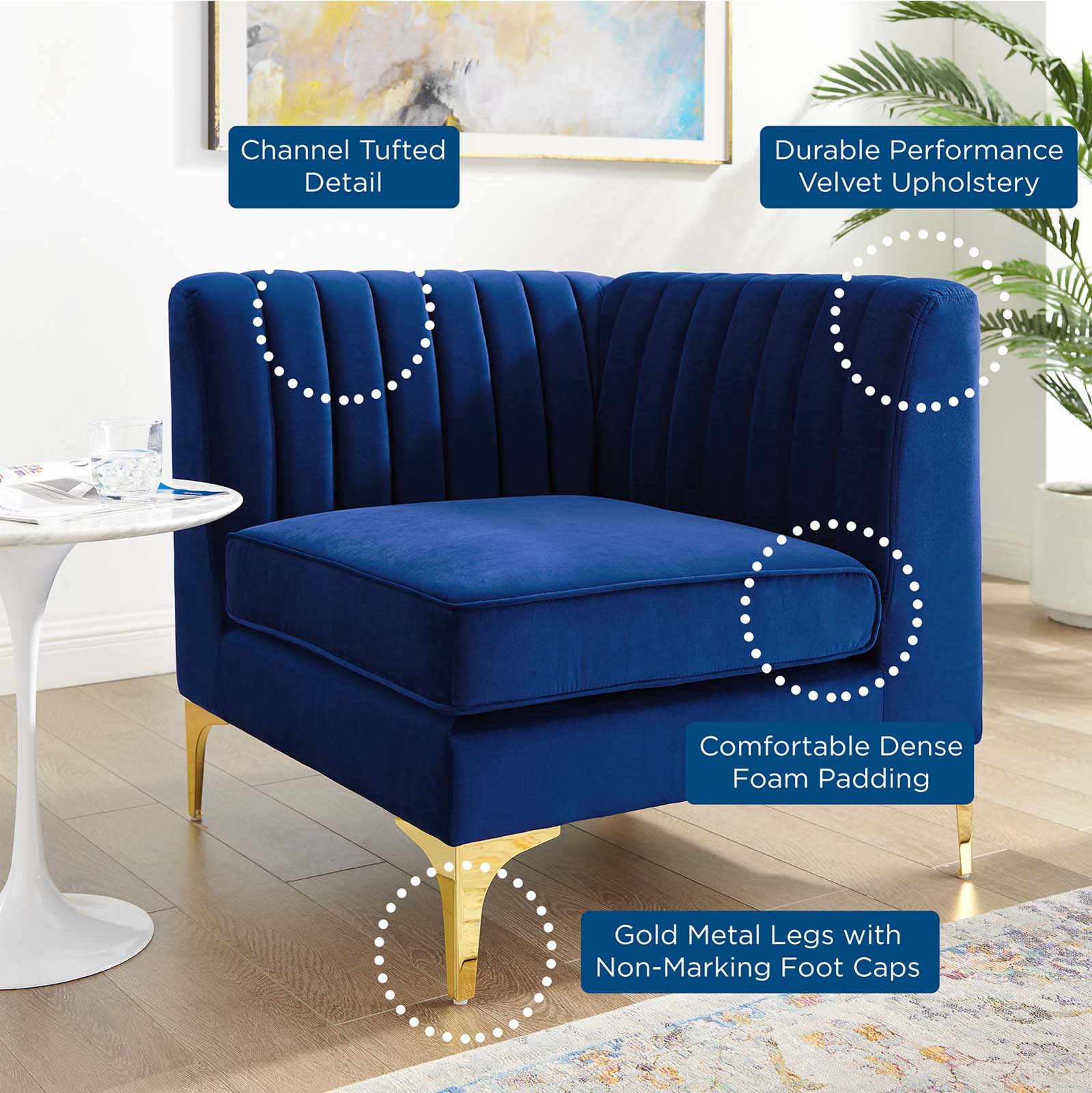 Modway Accent Chairs - Triumph Channel Tufted Performance Velvet Sectional Sofa Corner Chair Navy