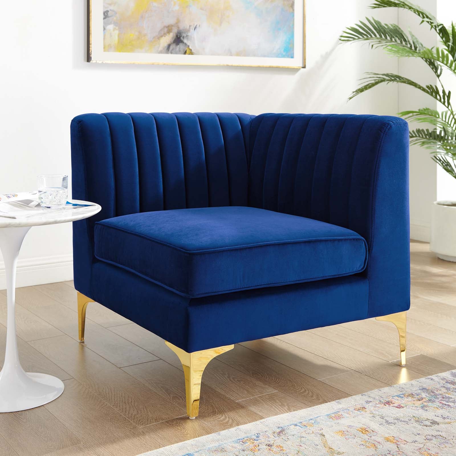 Modway Accent Chairs - Triumph Channel Tufted Performance Velvet Sectional Sofa Corner Chair Navy