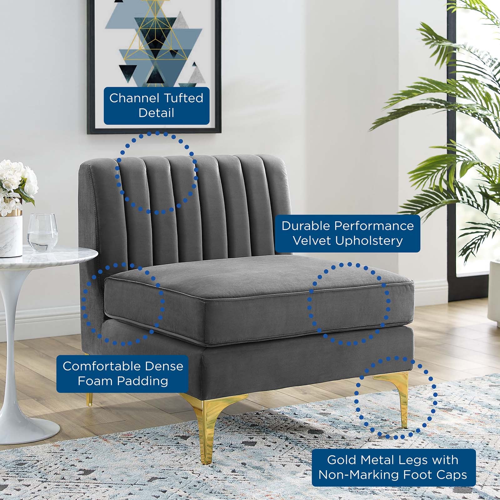 Modway Accent Chairs - Triumph Channel Tufted Performance Velvet Armless Chair Gray