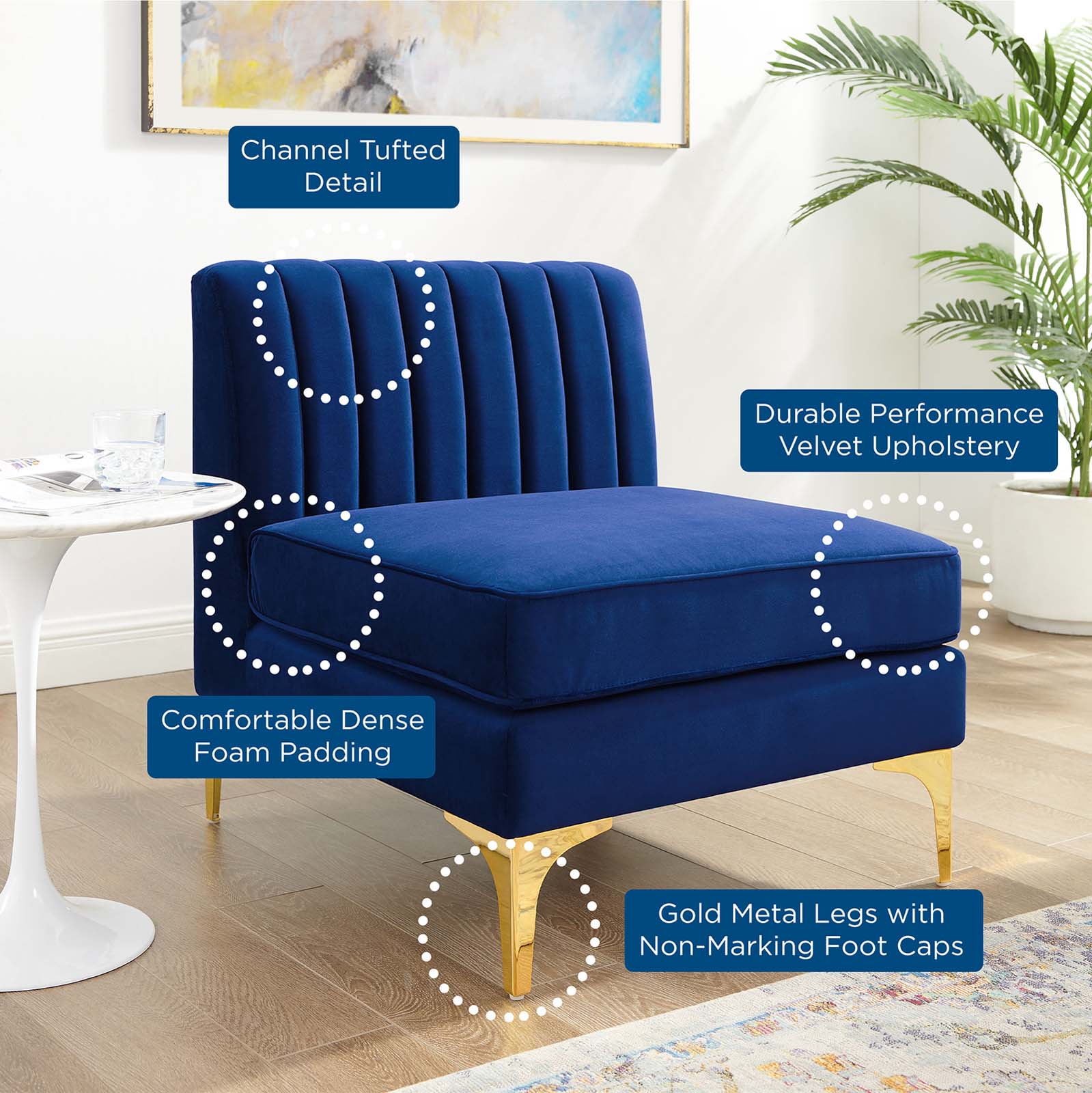 Modway Accent Chairs - Triumph Channel Tufted Performance Velvet Armless Chair Navy