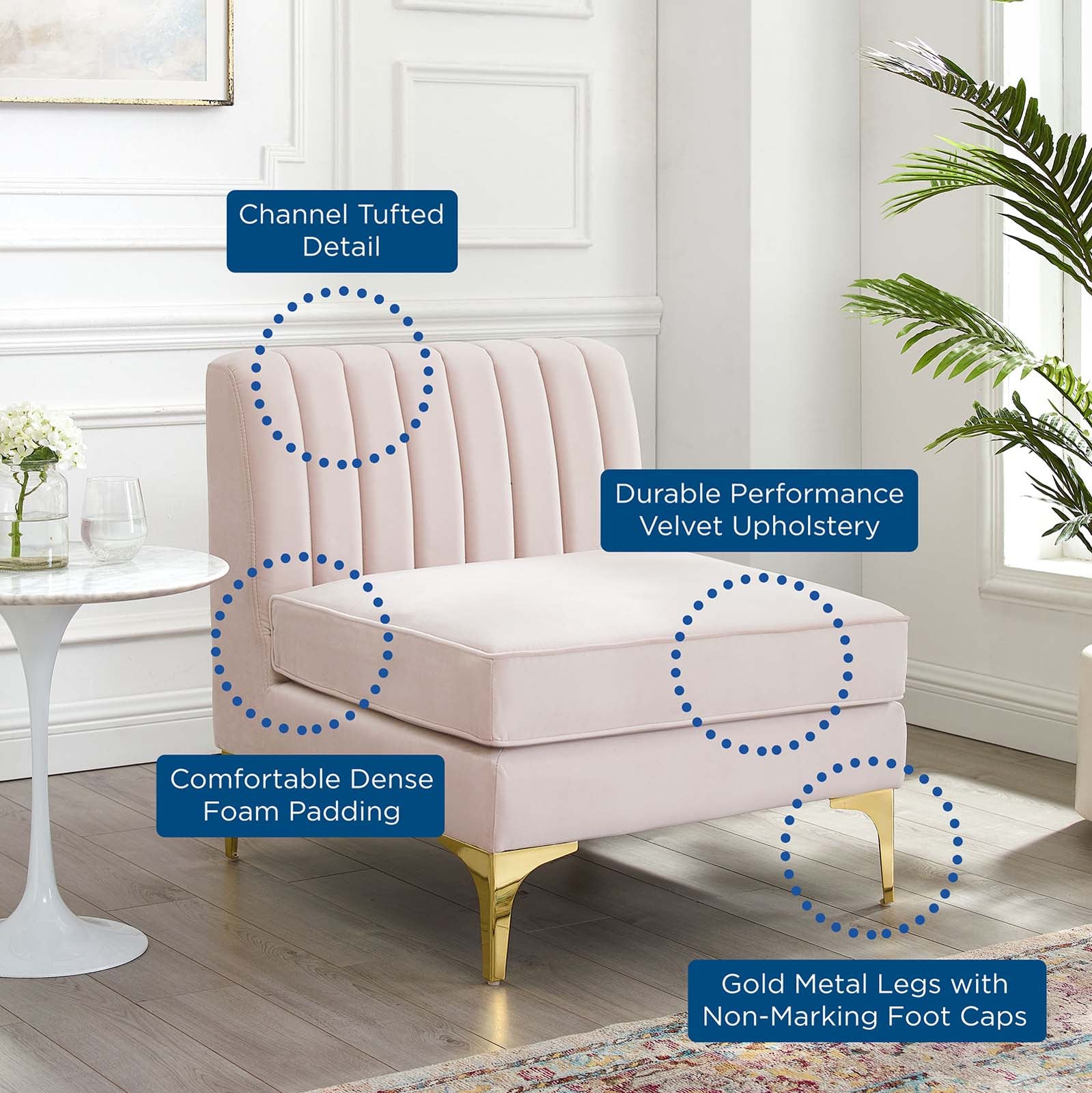 Modway Accent Chairs - Triumph Channel Tufted Performance Velvet Armless Chair Pink