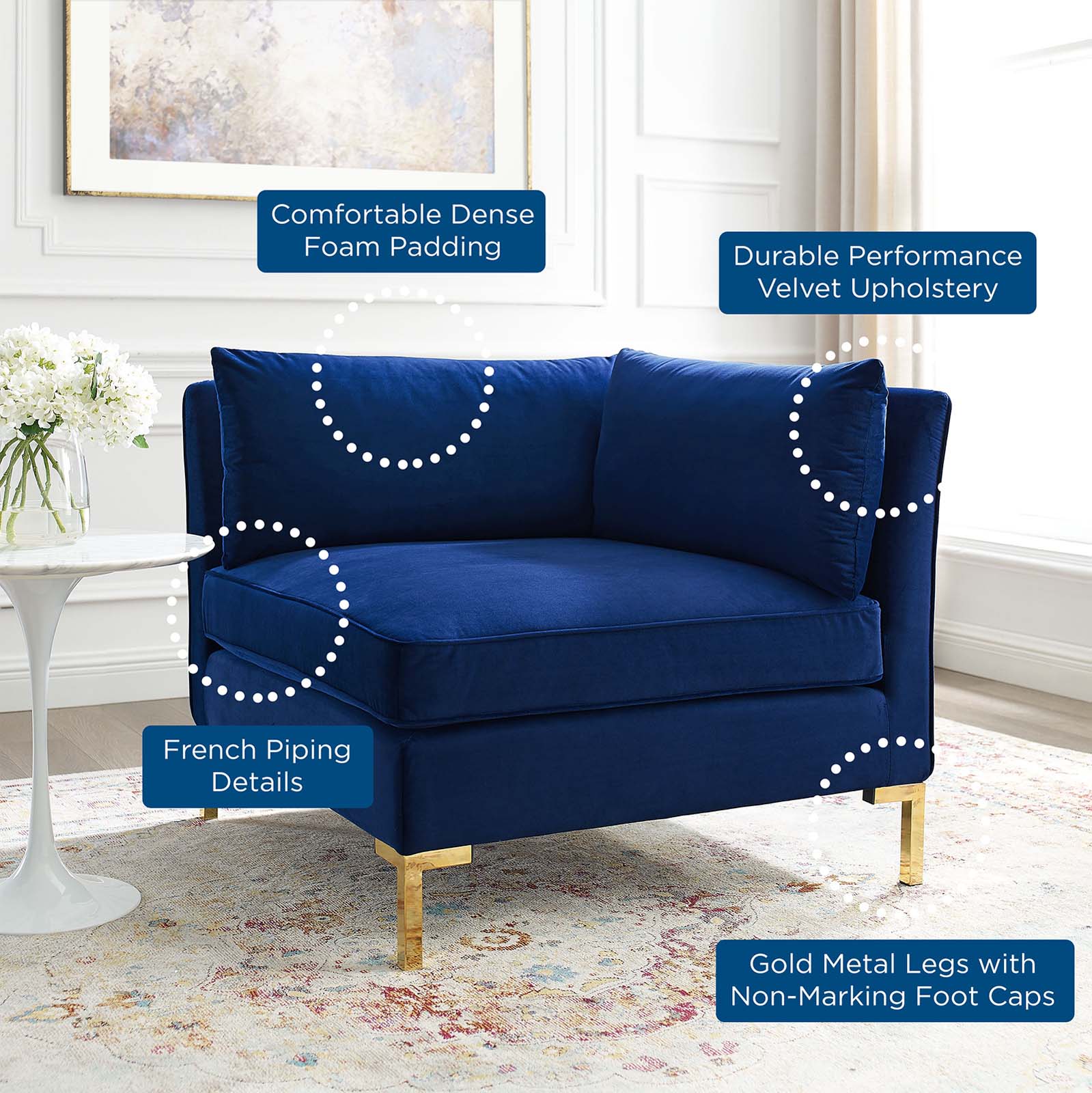 Modway Accent Chairs - Ardent Performance Velvet Sectional Sofa Corner Chair Navy