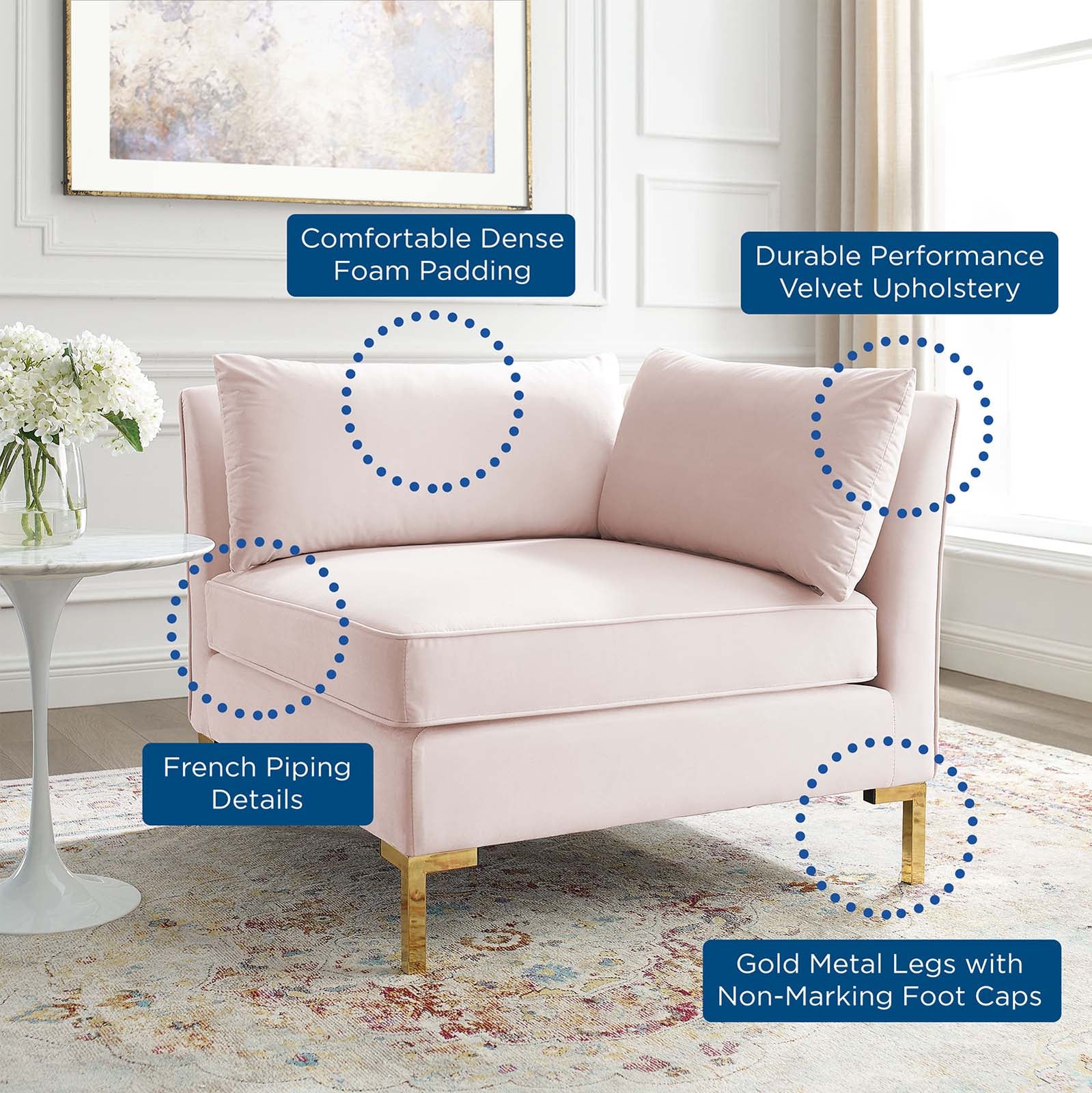Modway Accent Chairs - Ardent Performance Velvet Sectional Sofa Corner Chair Pink