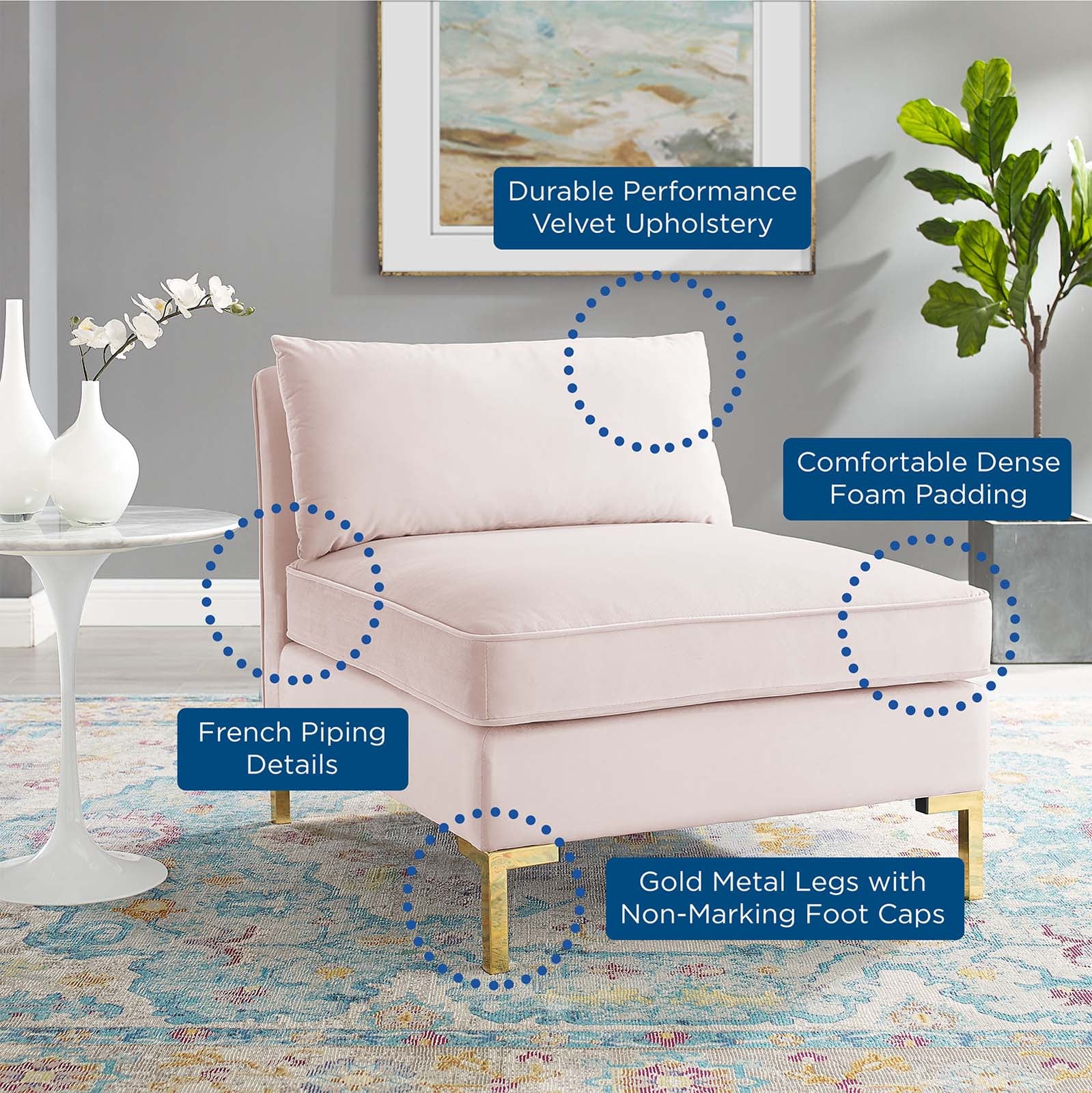 Modway Accent Chairs - Ardent Performance Velvet Armless Chair Pink