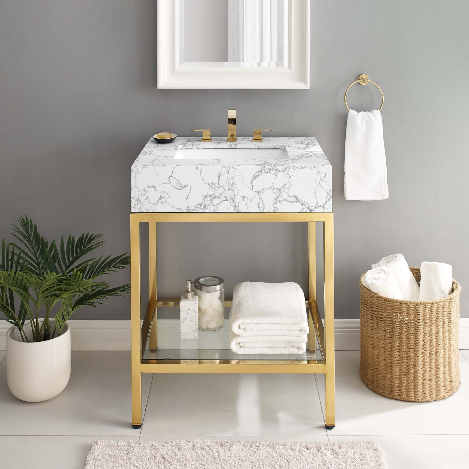 Modway Bathroom Vanity - Kingsley 26" Gold Stainless Steel Bathroom Vanity Gold White