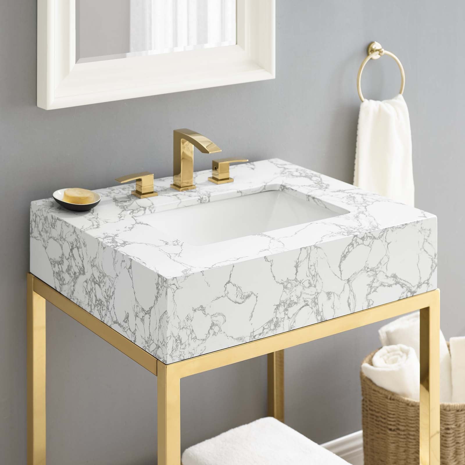 Modway Bathroom Vanity - Kingsley 26" Gold Stainless Steel Bathroom Vanity Gold White